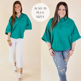BreathableFabric SustainableCertified Sweet Surprise Half Button Up Poncho Top with Collared Neckline in Teal Green