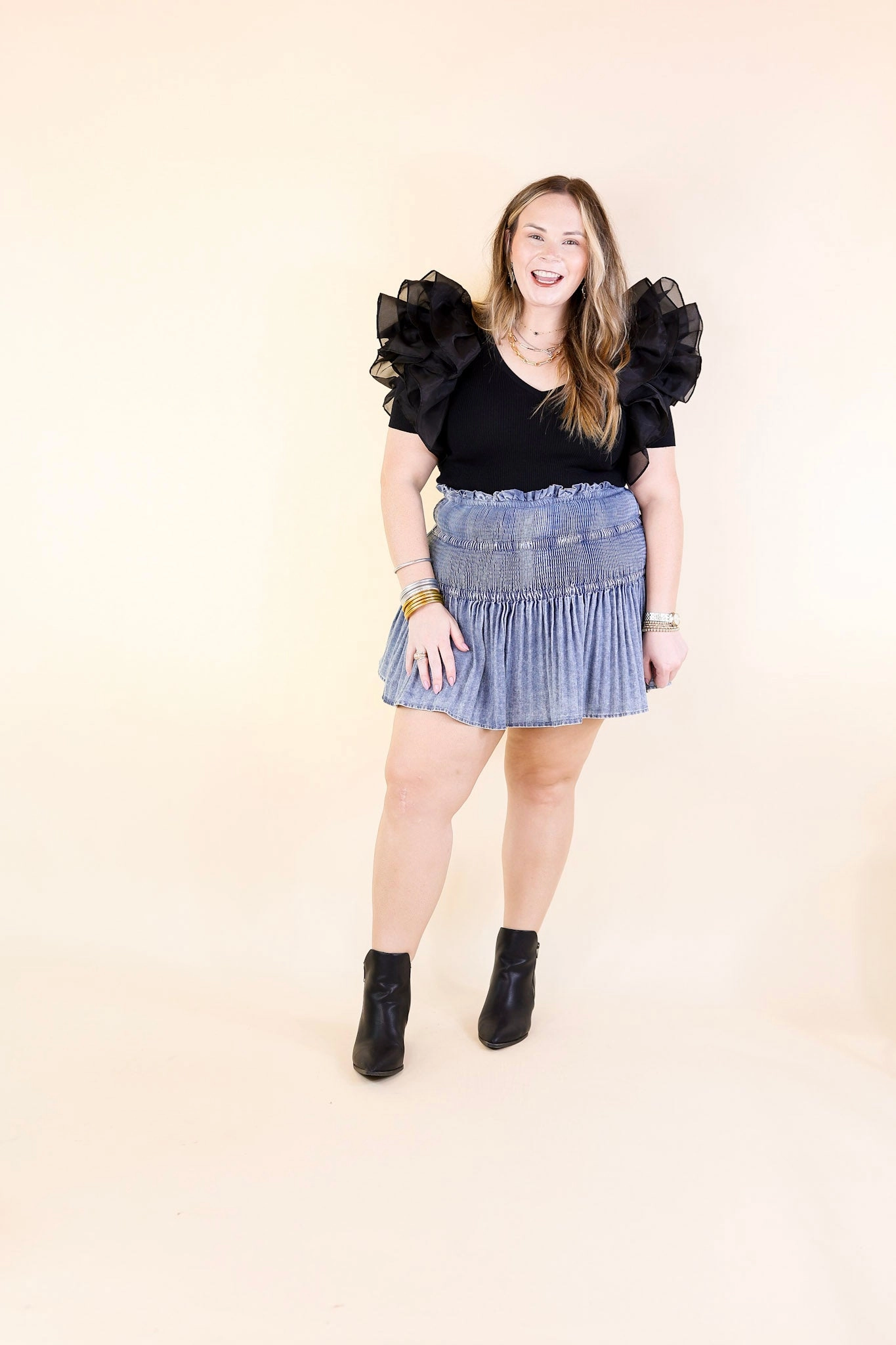 Sweetest Love Pleated Denim Skirt in Light Wash GussetedCrotch