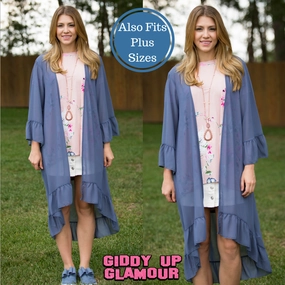 Air Move Easy Outfit Last Chance Size S & M | Listen to the Wind Sheer Duster with Ruffle Trim in Dusty Blue