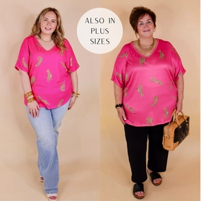 Wild Side Cheetah Print V Neck Top with Short Sleeves in Hot Pink MultiPocket System