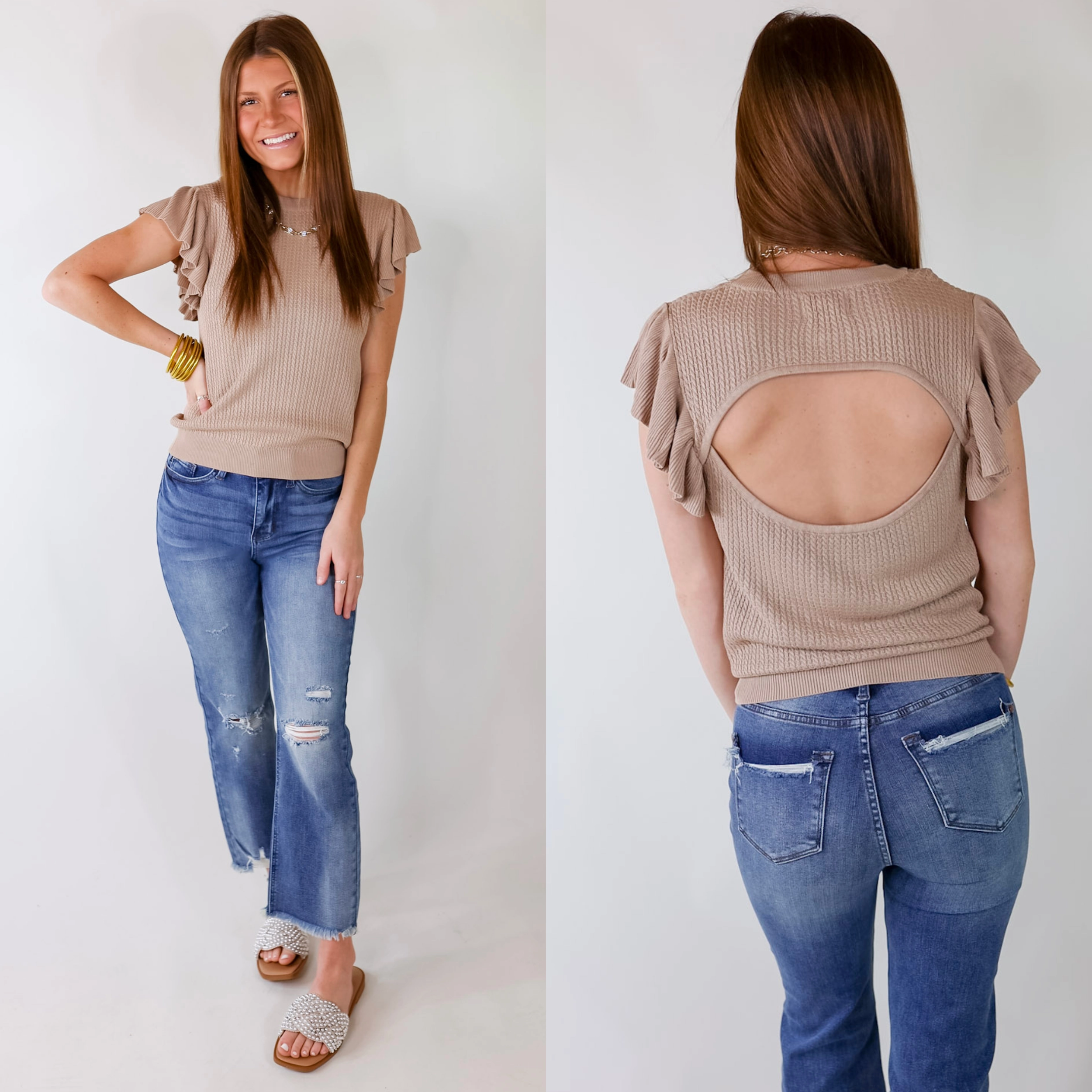 Coffee Date Knit Top With Ruffled Sleeves in Mocha Zero Waste Cozy Pajamas