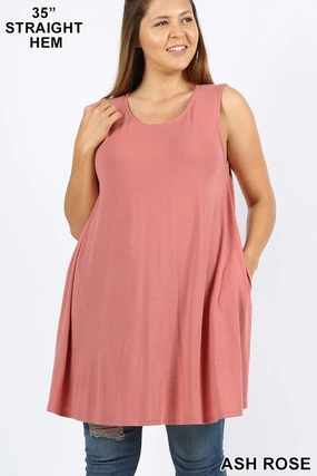 PLUS ROUND NECK SLEEVELESS STRAIGHT HEM TUNIC WITH SIDE POCKETS IN ASH ROSE All Day