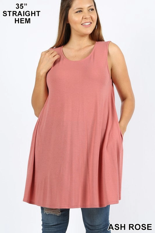 PLUS ROUND NECK SLEEVELESS STRAIGHT HEM TUNIC WITH SIDE POCKETS IN ASH ROSE All Day