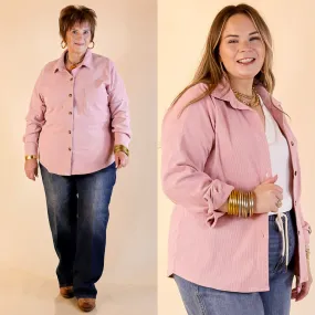 Ribbed Neckline Reflective Detailing Captivating Cuteness Corduroy Button Up Shacket in Light Pink