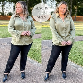 Take a Chance Satin Button Up Top with Feather Trim Long Sleeves in Olive Green Classic Shirt Power Vibe