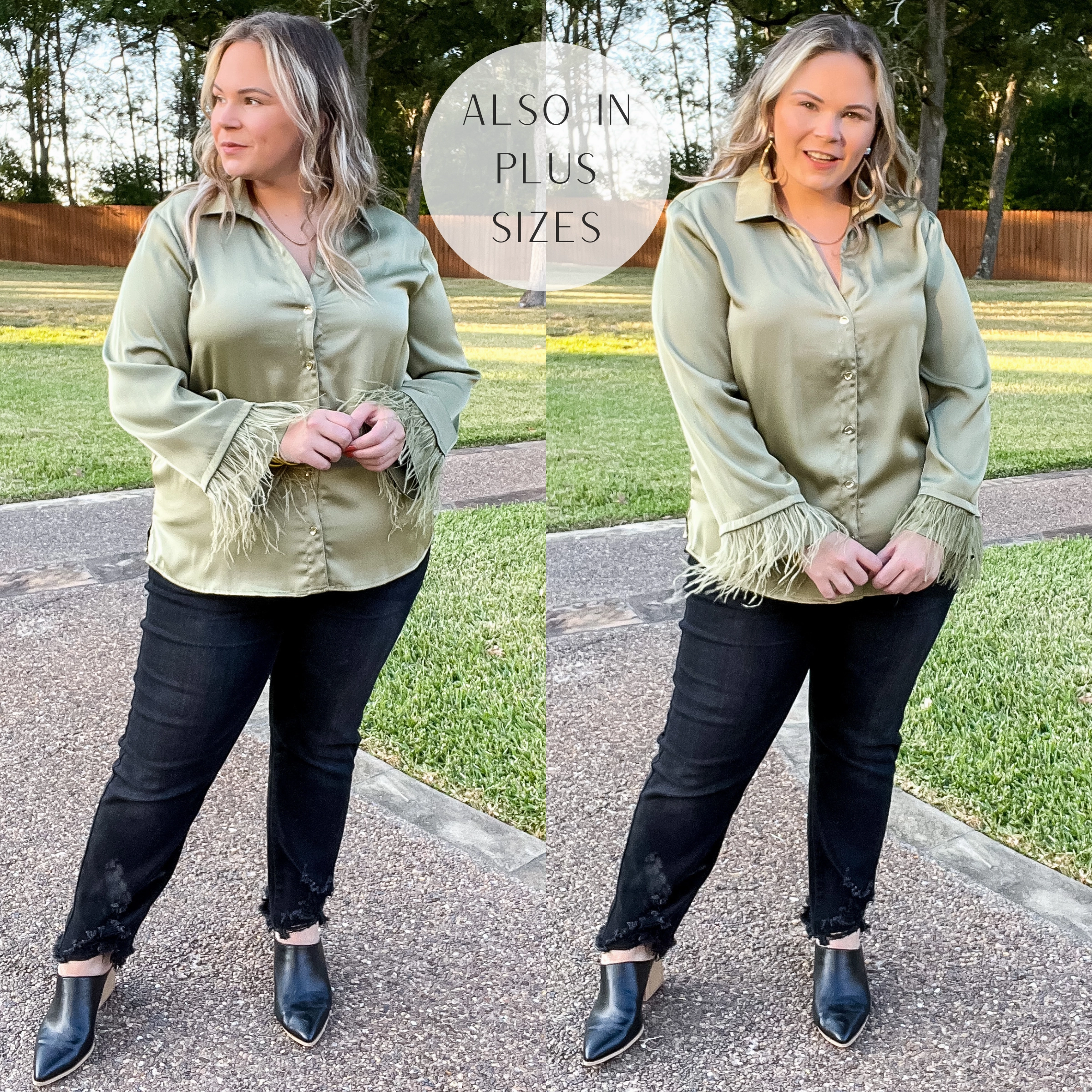 Take a Chance Satin Button Up Top with Feather Trim Long Sleeves in Olive Green Classic Shirt Power Vibe