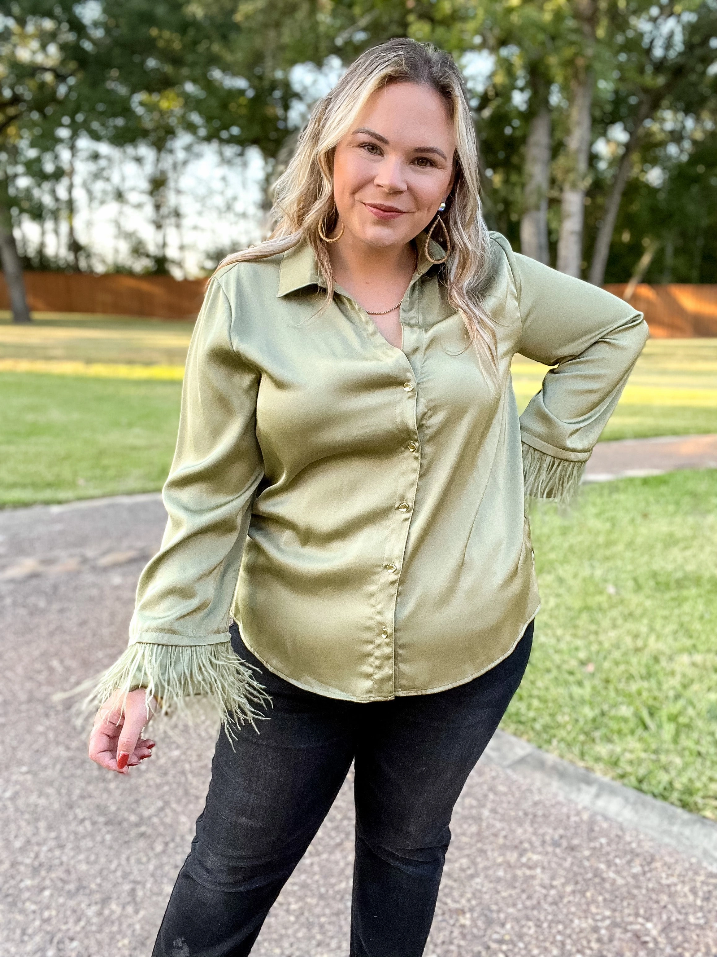Take a Chance Satin Button Up Top with Feather Trim Long Sleeves in Olive Green RollUp Sleeves Picnic Fun