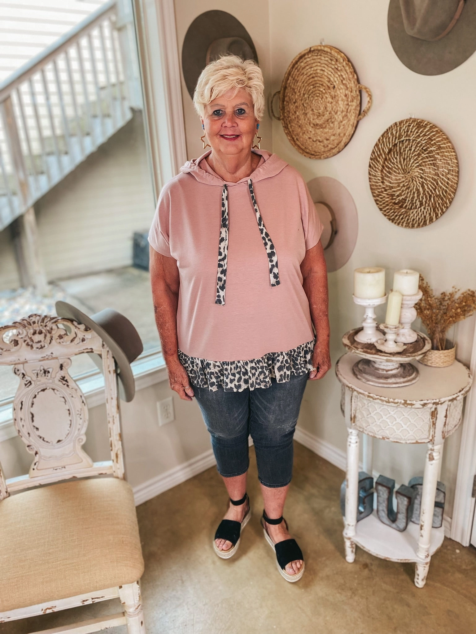 Take a Hike Short Sleeve Leopard Peplum Hoodie Top in Mauve Pink Shoot Mood