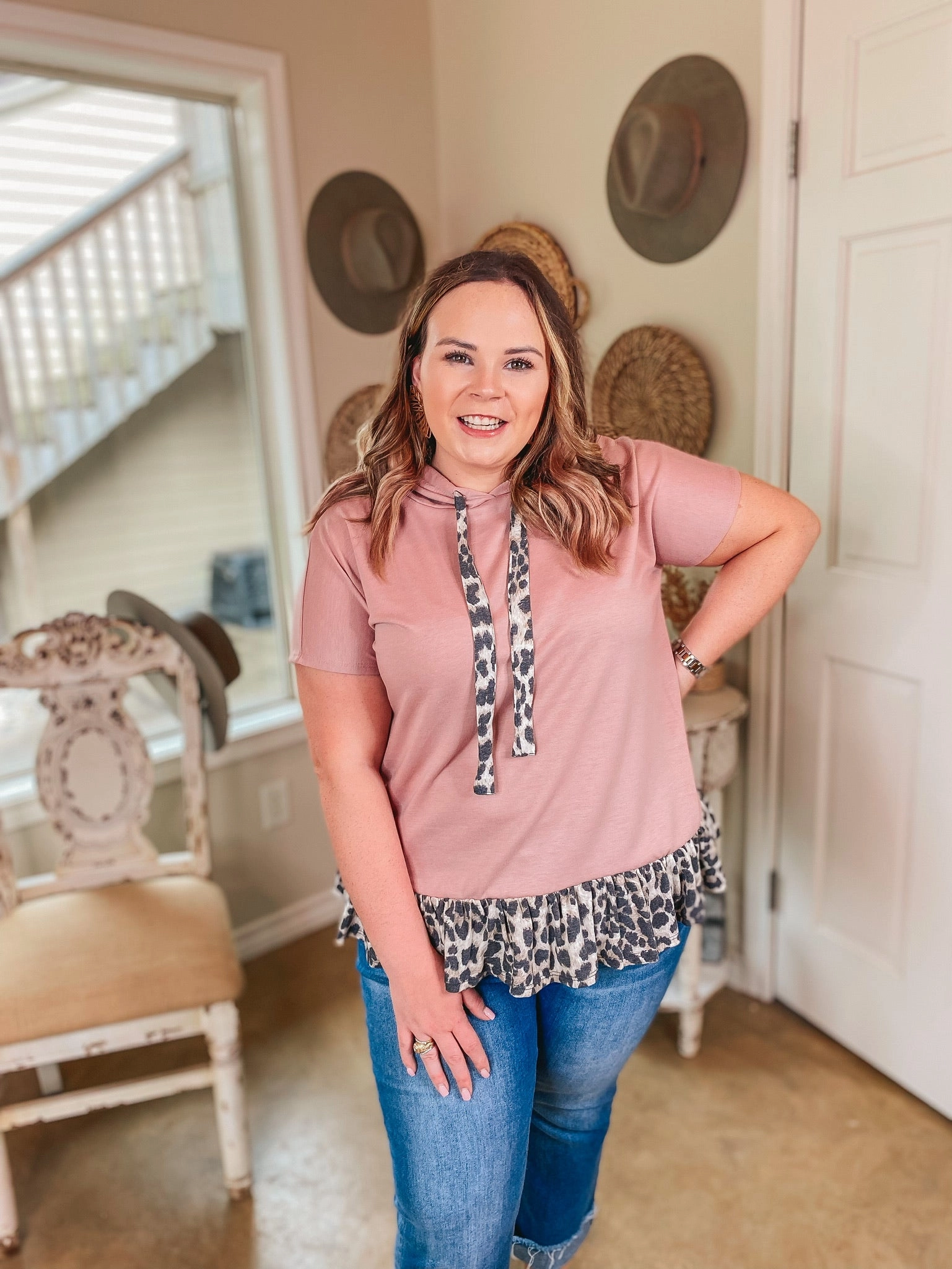 Take a Hike Short Sleeve Leopard Peplum Hoodie Top in Mauve Pink StretchWaistband