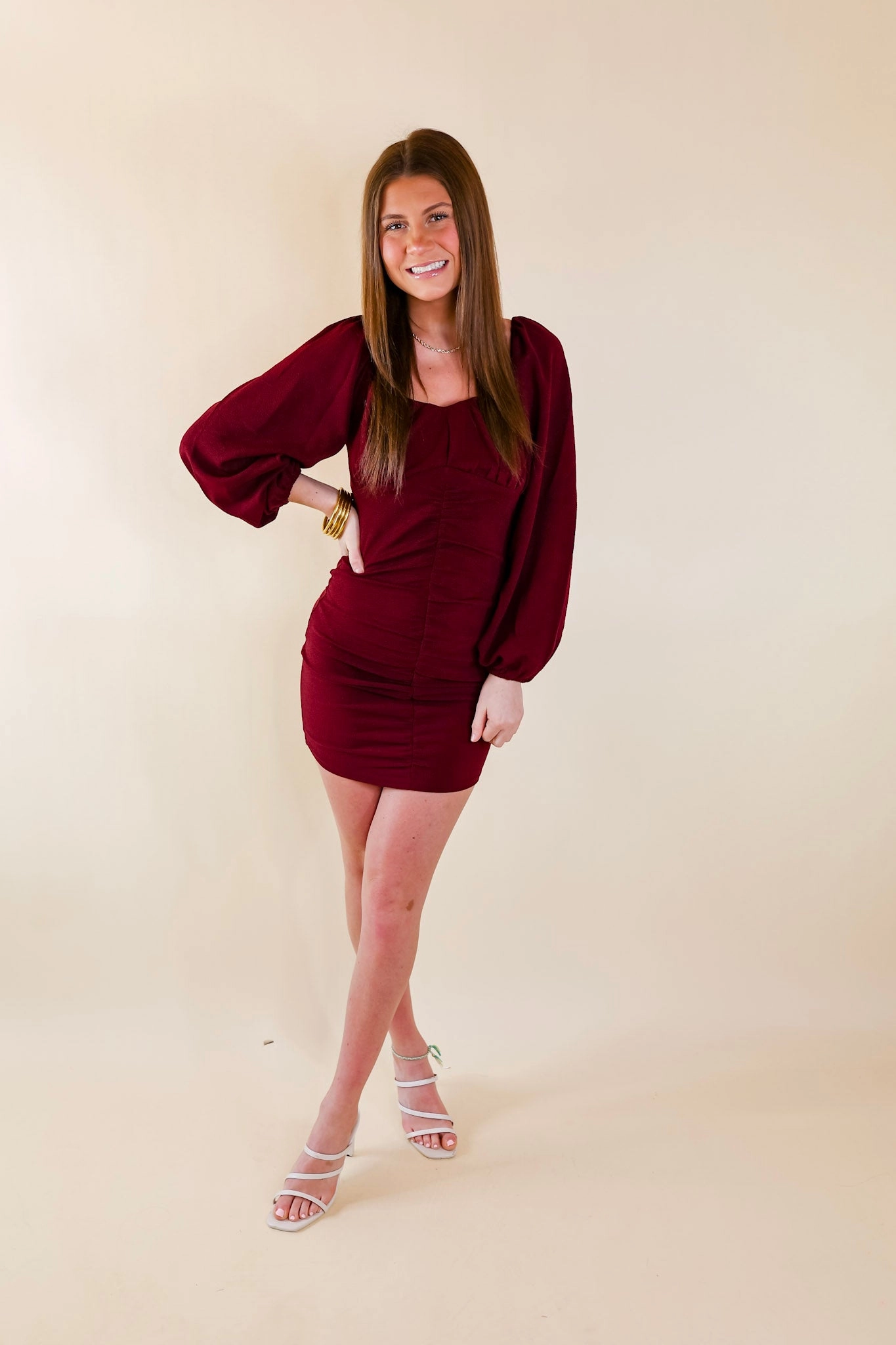 Take A Photo Ruched Dress with Long Sleeves in Maroon Charm Core
