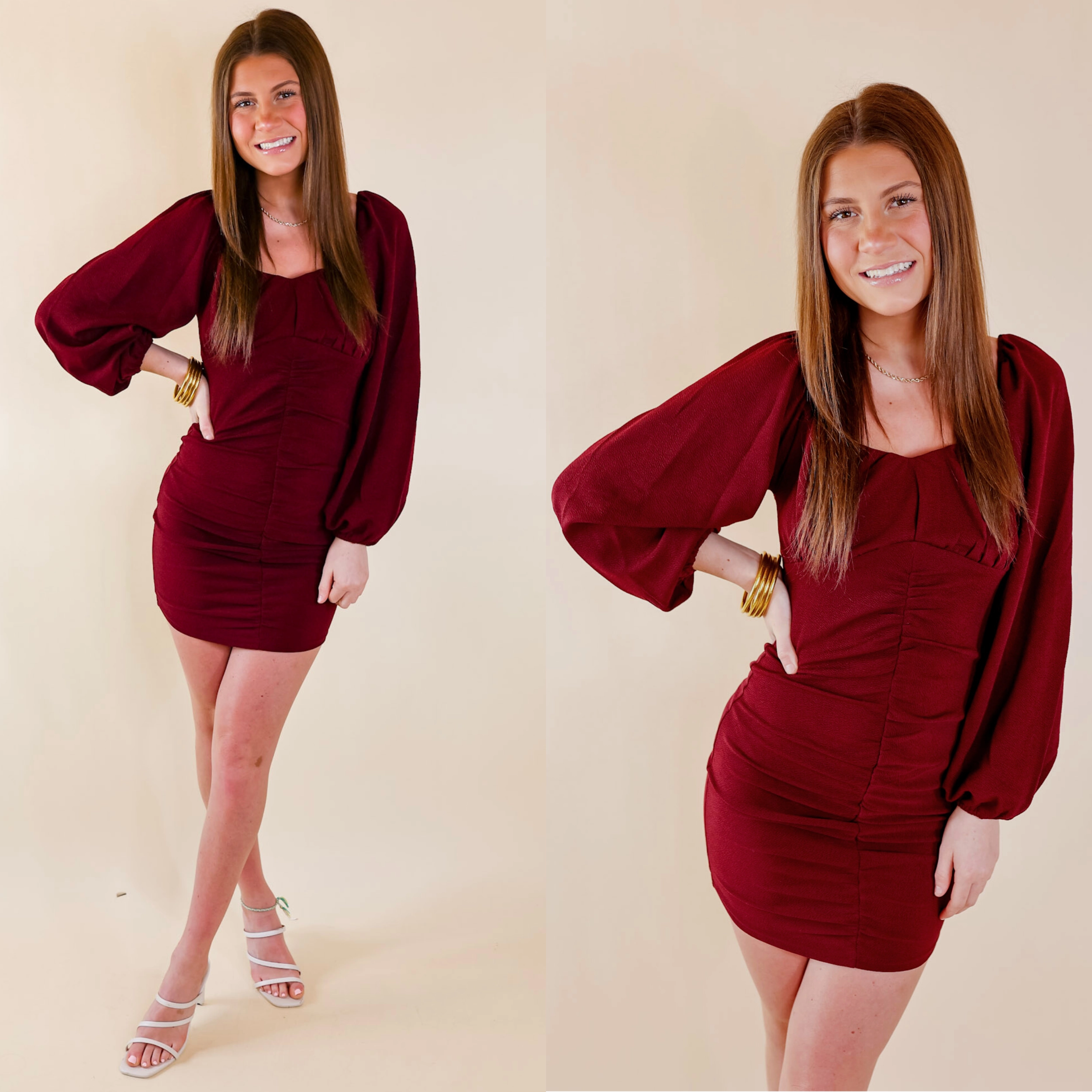 Take A Photo Ruched Dress with Long Sleeves in Maroon Vintage Soul Zen Ease