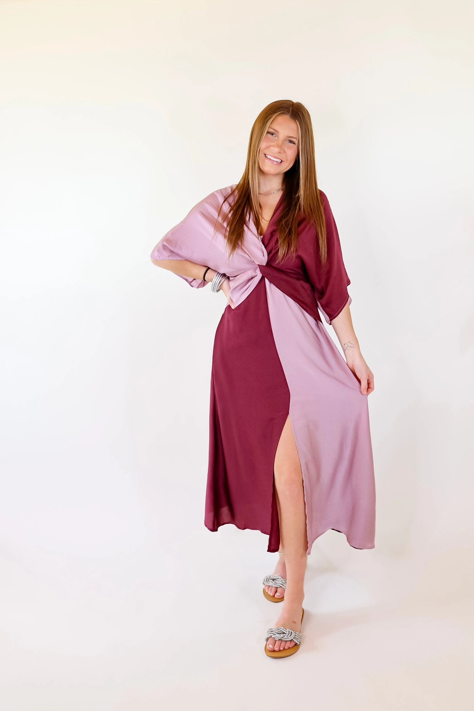 Take My Breath Away Front Knot Color Block Midi Dress in Purple Mix Skin Hug SustainableProduction