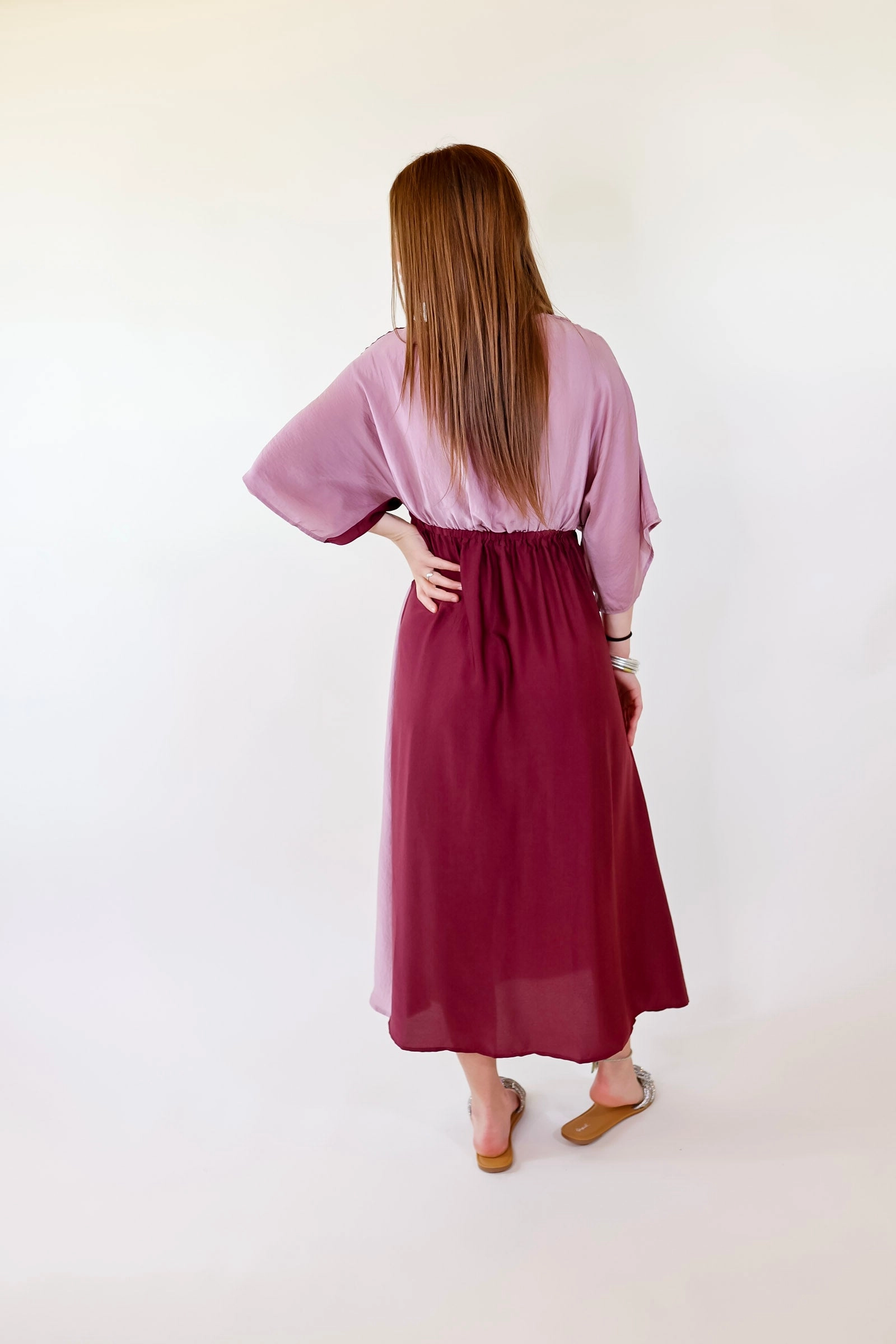 Take My Breath Away Front Knot Color Block Midi Dress in Purple Mix Brave Fit Ice Fit