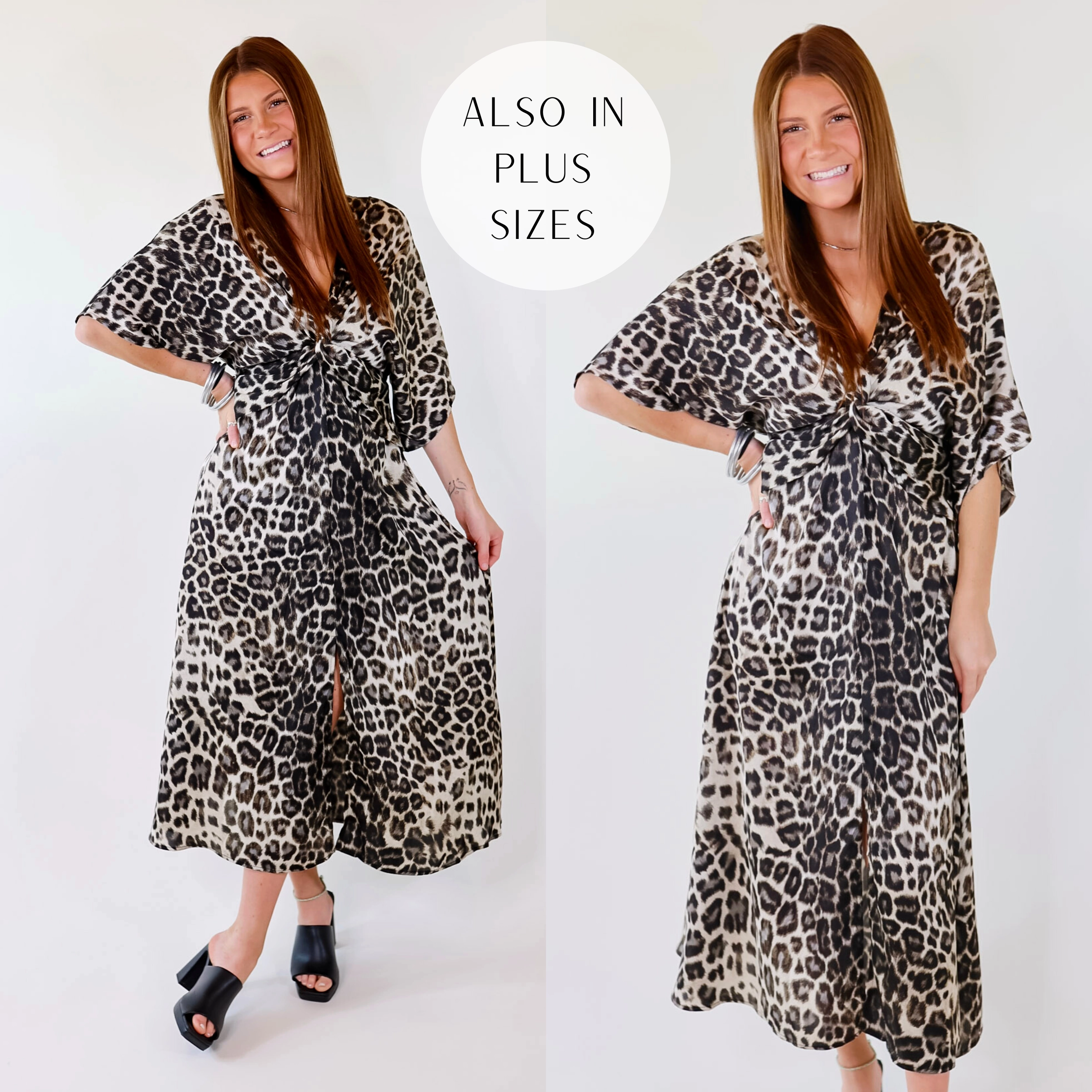 Take My Breath Away Front Knot Leopard Print Midi Dress in Grey FlexibleCollarDesign Gentle Glow