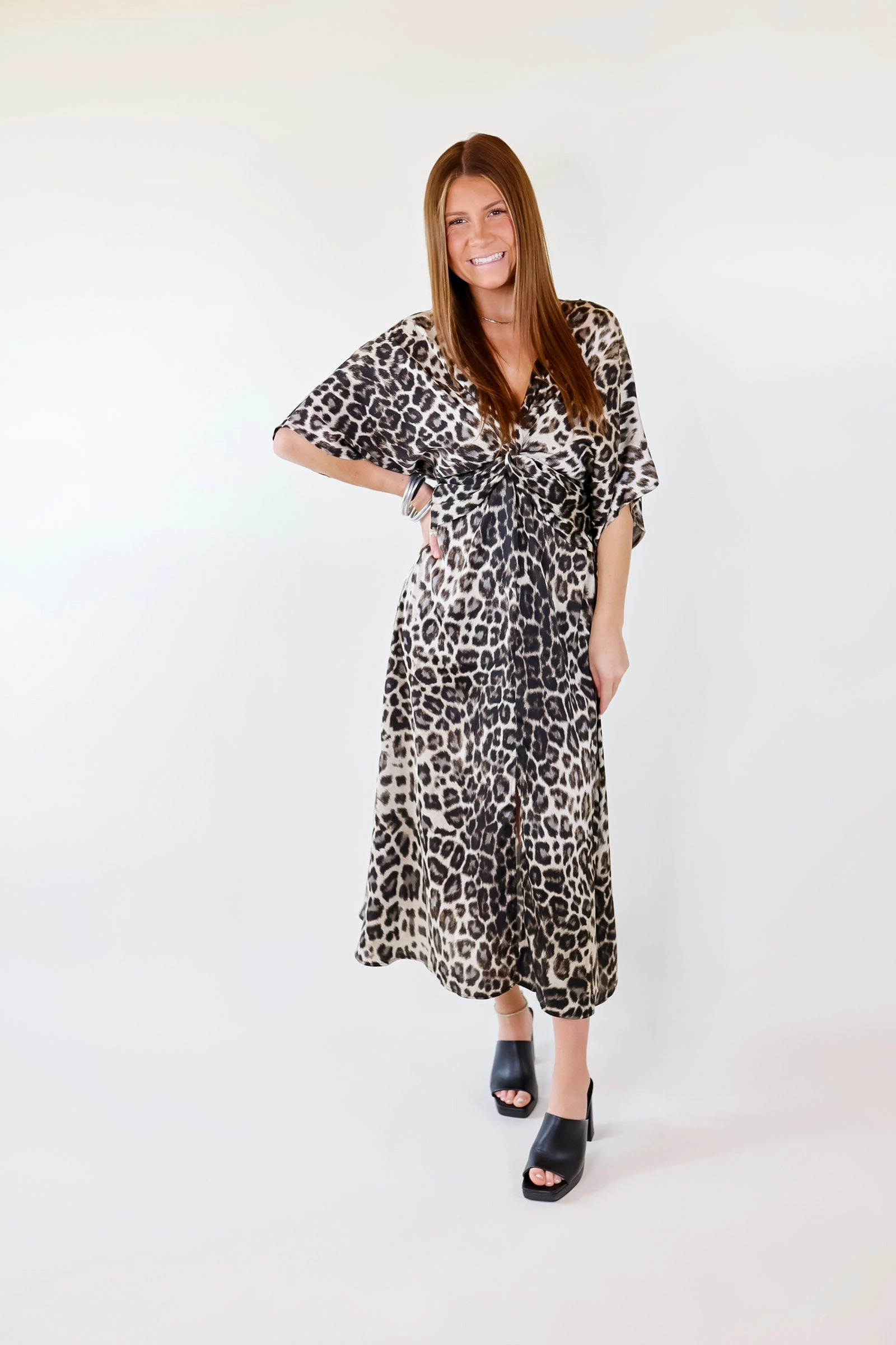 Windproof Outer Layer SheerLayeredPanels Take My Breath Away Front Knot Leopard Print Midi Dress in Grey