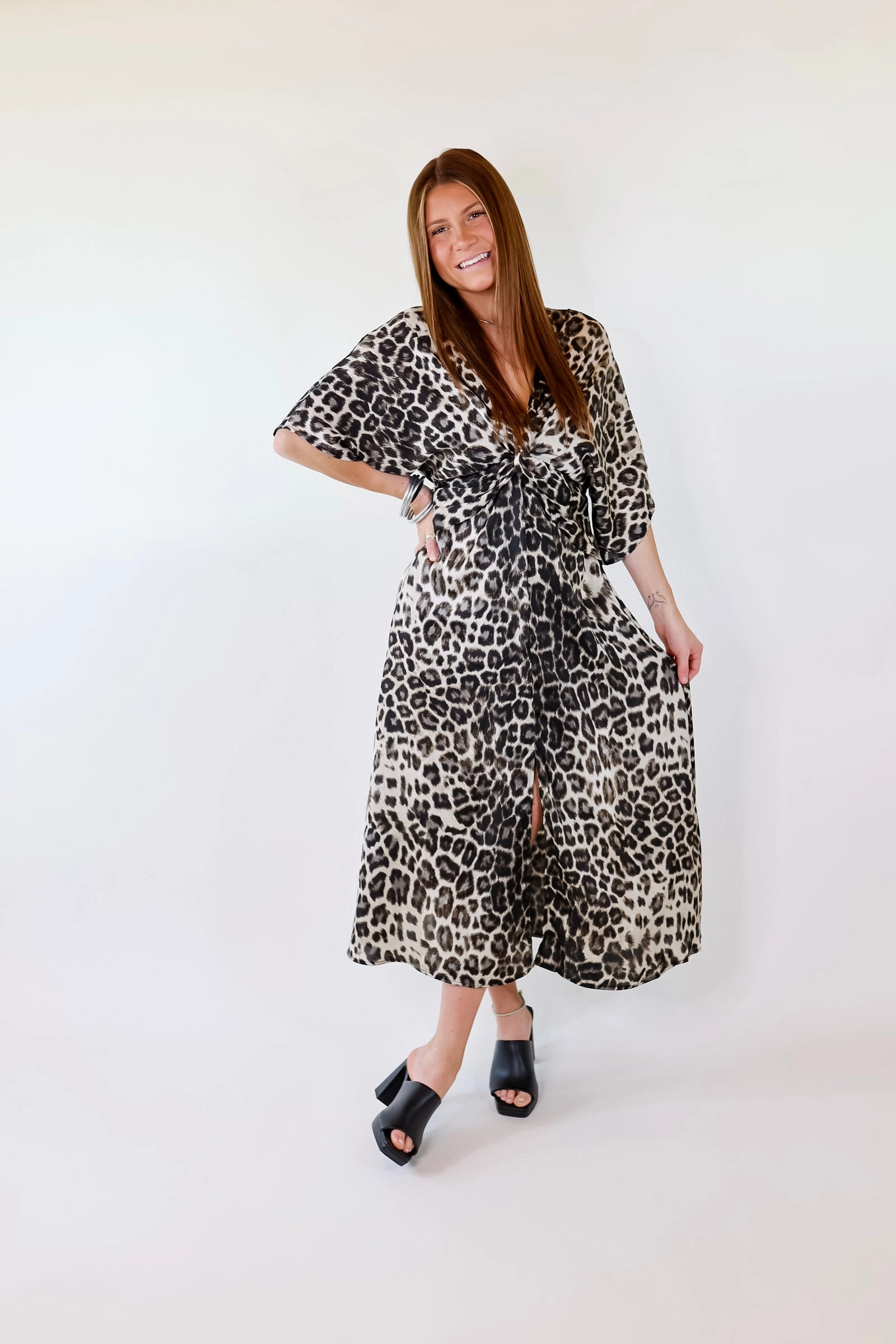 Take My Breath Away Front Knot Leopard Print Midi Dress in Grey Durable Reinforcements