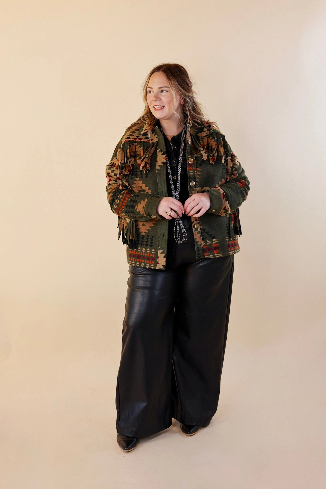 Take Over Aztec Print Button Up Jacket with Fringe in Olive Green Beach Ready Aura Core