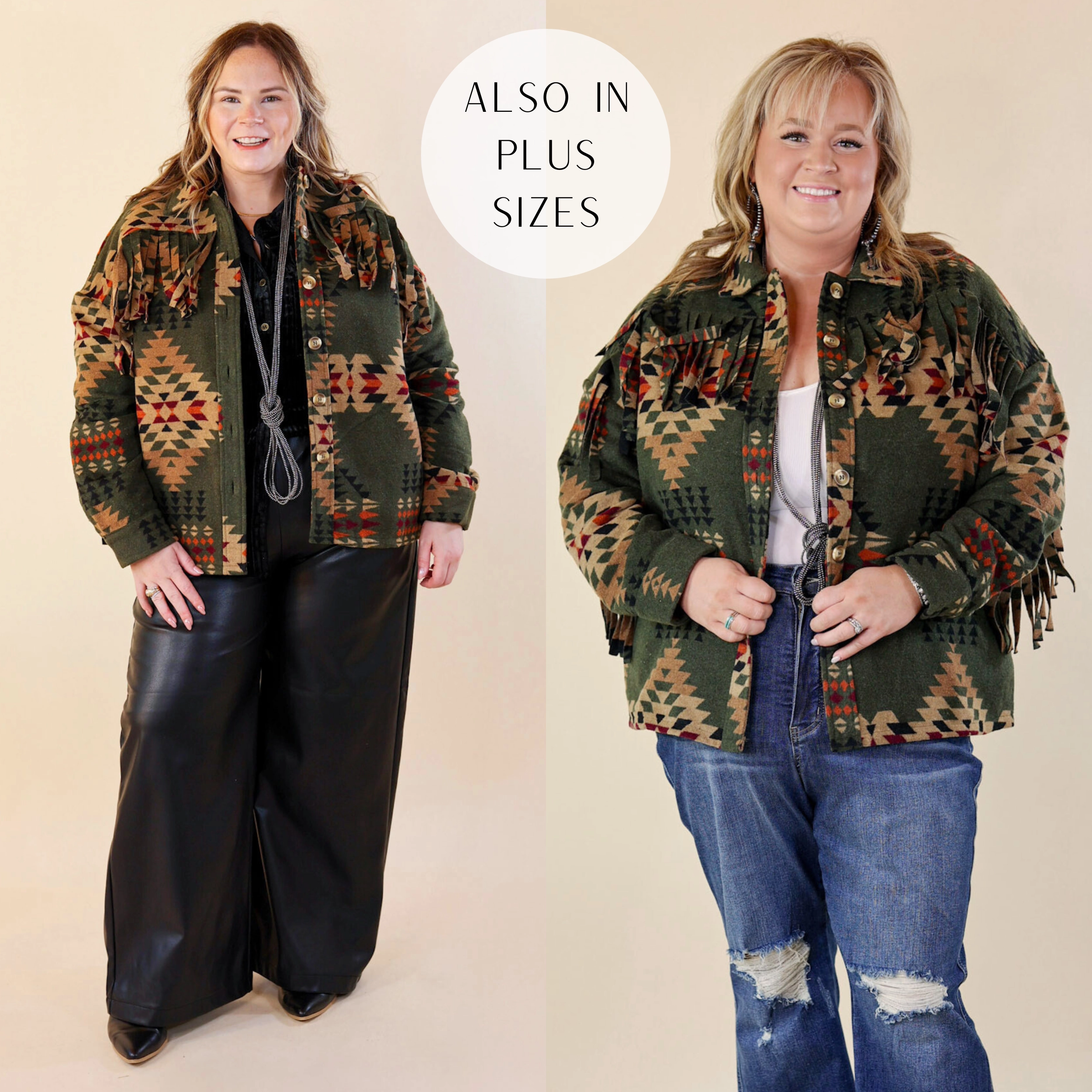 Relaxed Wear Take Over Aztec Print Button Up Jacket with Fringe in Olive Green