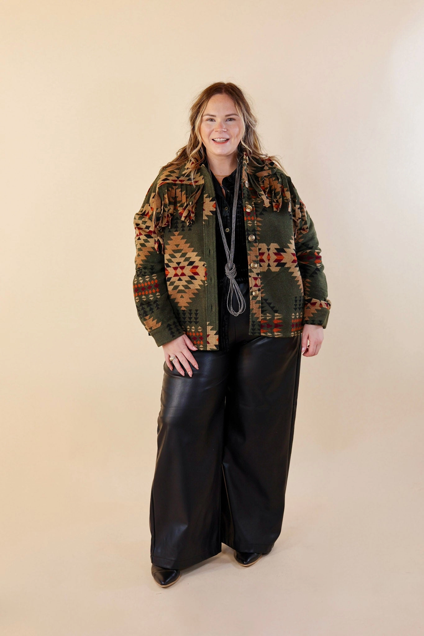Take Over Aztec Print Button Up Jacket with Fringe in Olive Green elastic waistband AbrasionResistant Material