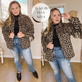 ThermalInsulated Take Over Leopard Print Button Up Jacket with Fringe in Brown