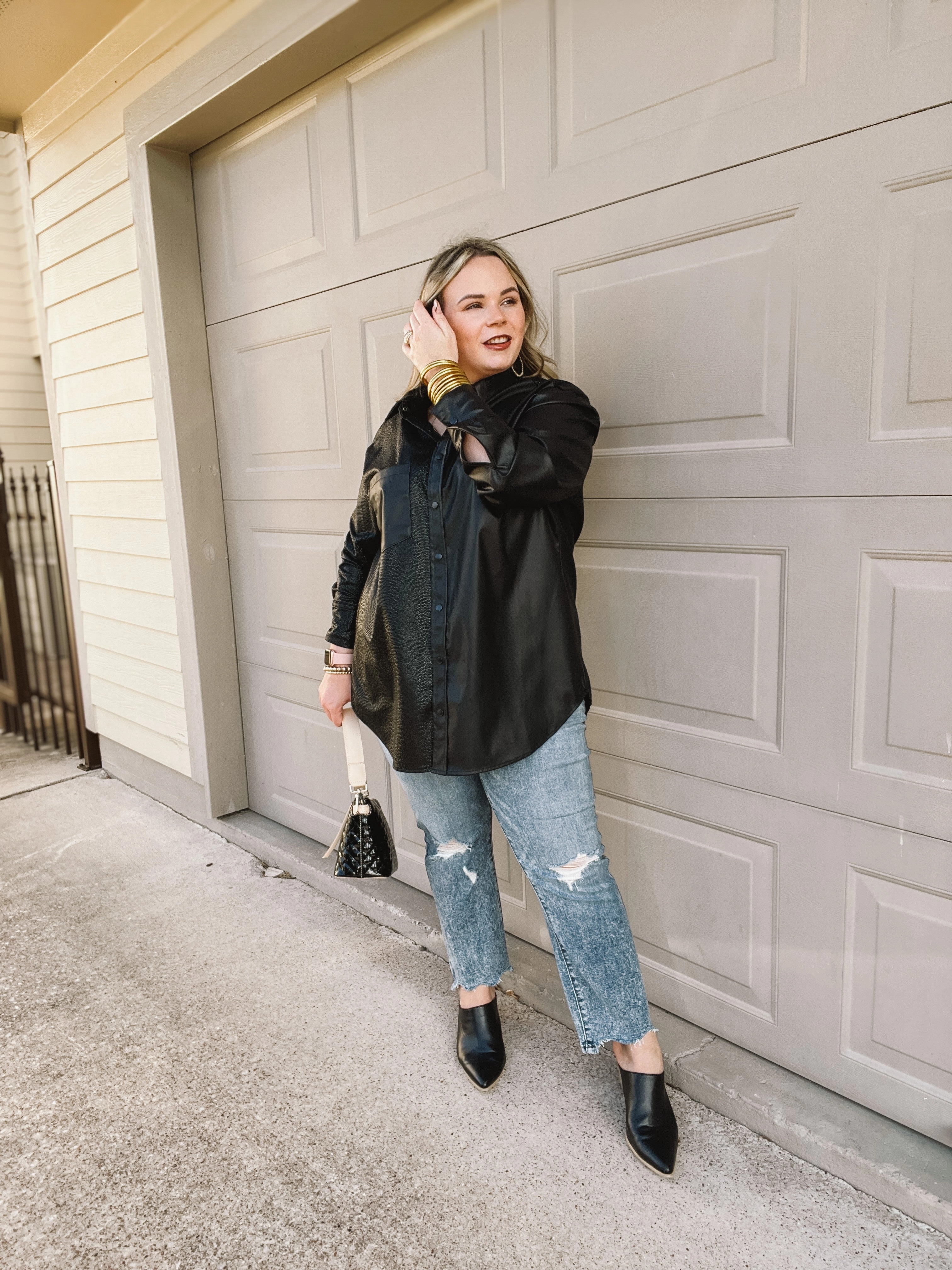 Talk Sweetly Faux Leather Print Block Shacket in Black Elite Vibe