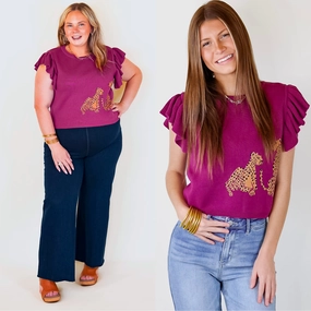 Talk This Way Cheetah Print Sweater with Ruffle Cap Sleeves in Plum Purple Casual Polo Winter Fit