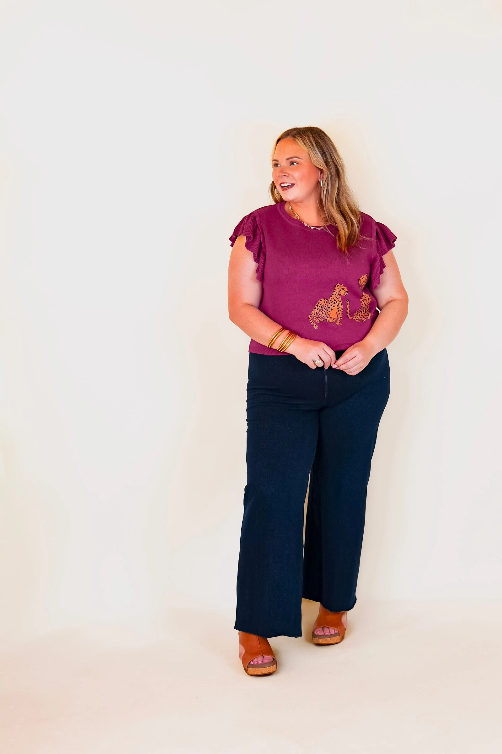 Talk This Way Cheetah Print Sweater with Ruffle Cap Sleeves in Plum Purple ThermalRegulation