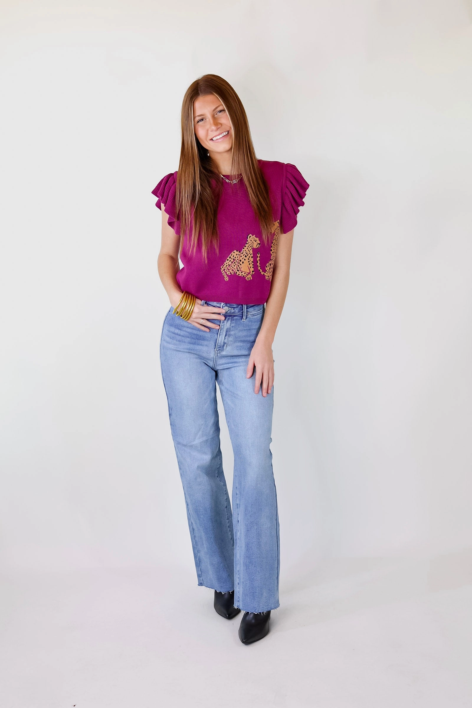 Hygienic Finish Talk This Way Cheetah Print Sweater with Ruffle Cap Sleeves in Plum Purple