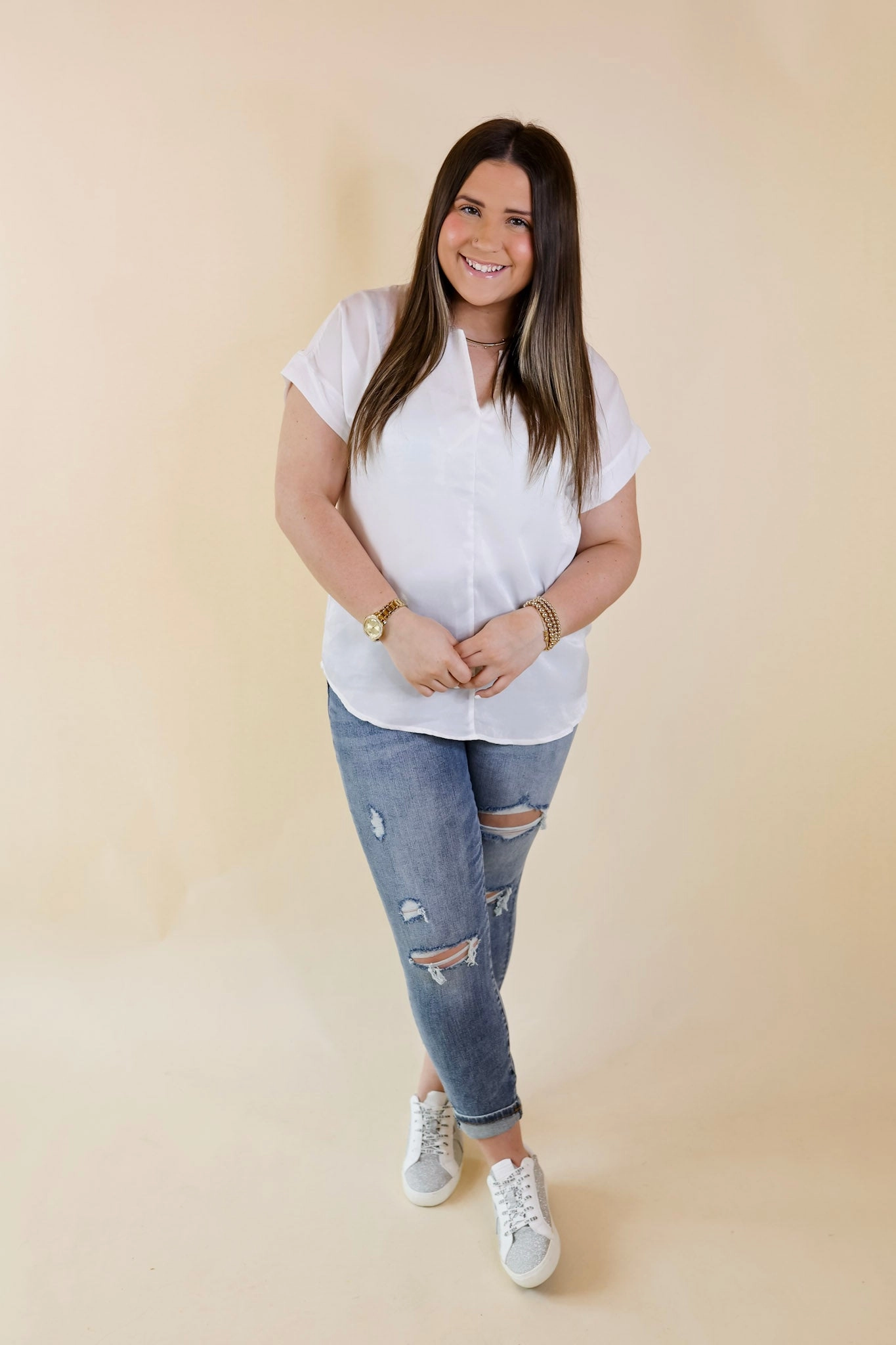 Comfortable Sleep Sport Ease Channeling Confidence Notch Neck Short Sleeve Top in White