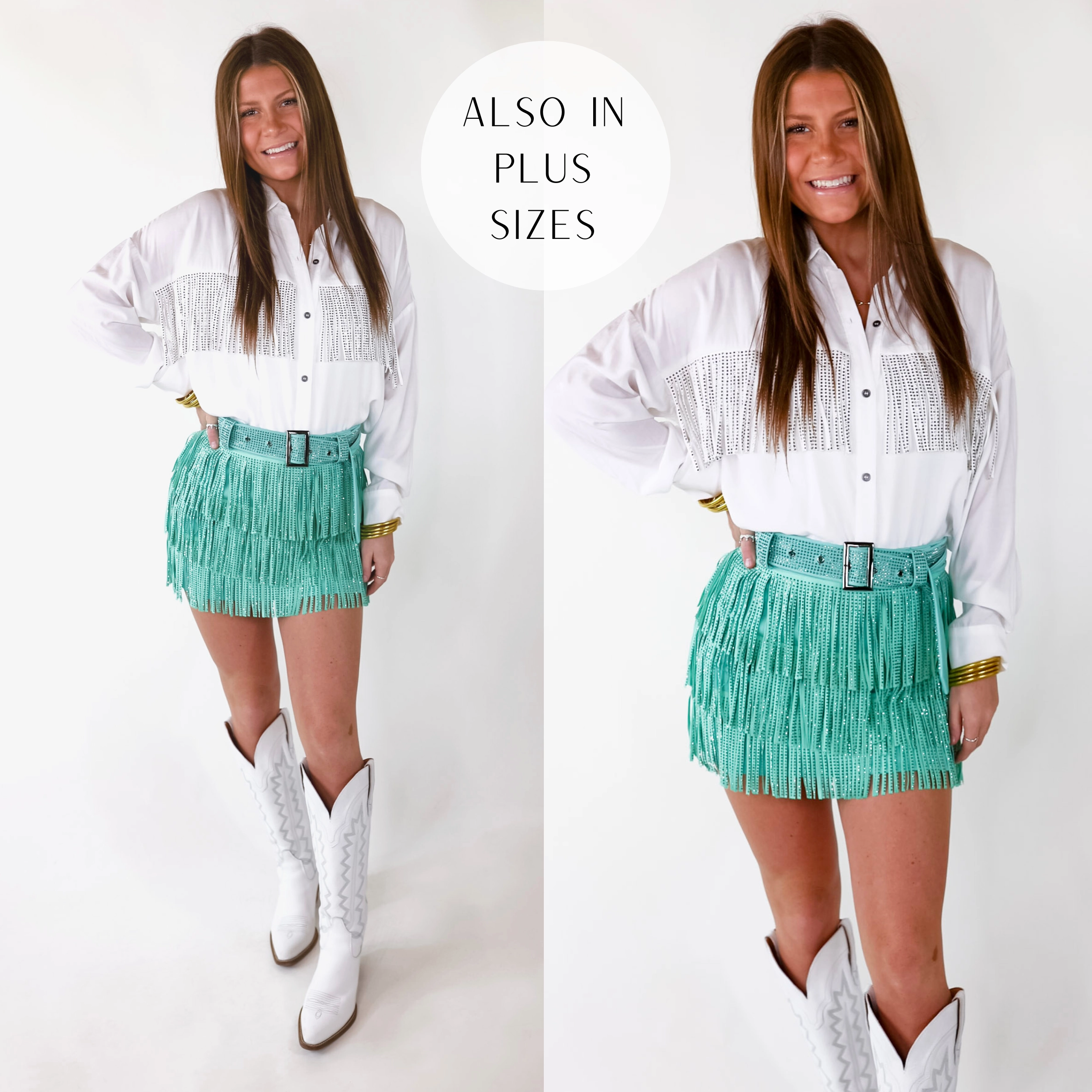 Casual Shirt Quick Core Cowboy Killer Crystal Fringe Mini Skort in Mint Green