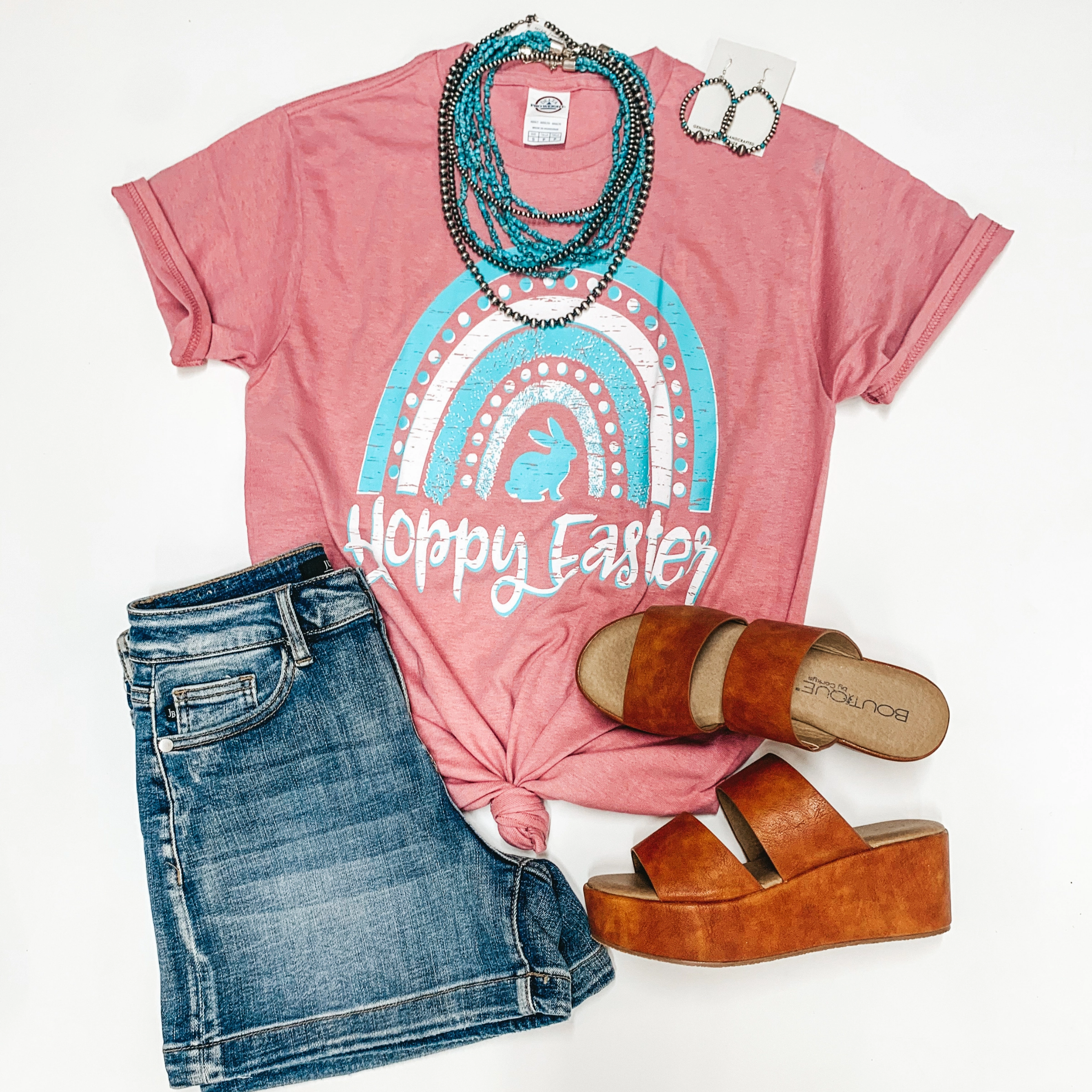 All-Weather Wear Hoppy Easter Rainbow Short Sleeve Graphic Tee in Mauve Pink