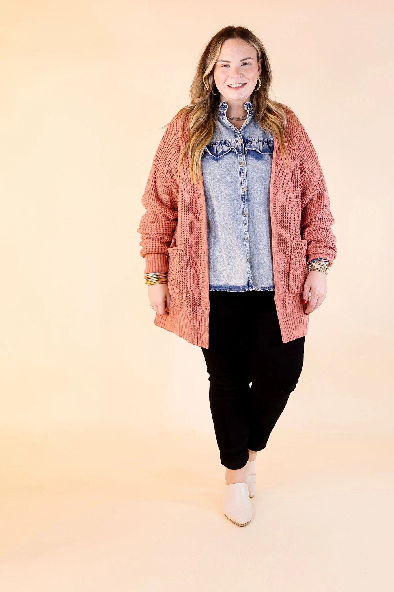 Cozy Layers Waffle Knit Cardigan in Dusty Rose Pink AntiStaticLining Stretch Woven Material