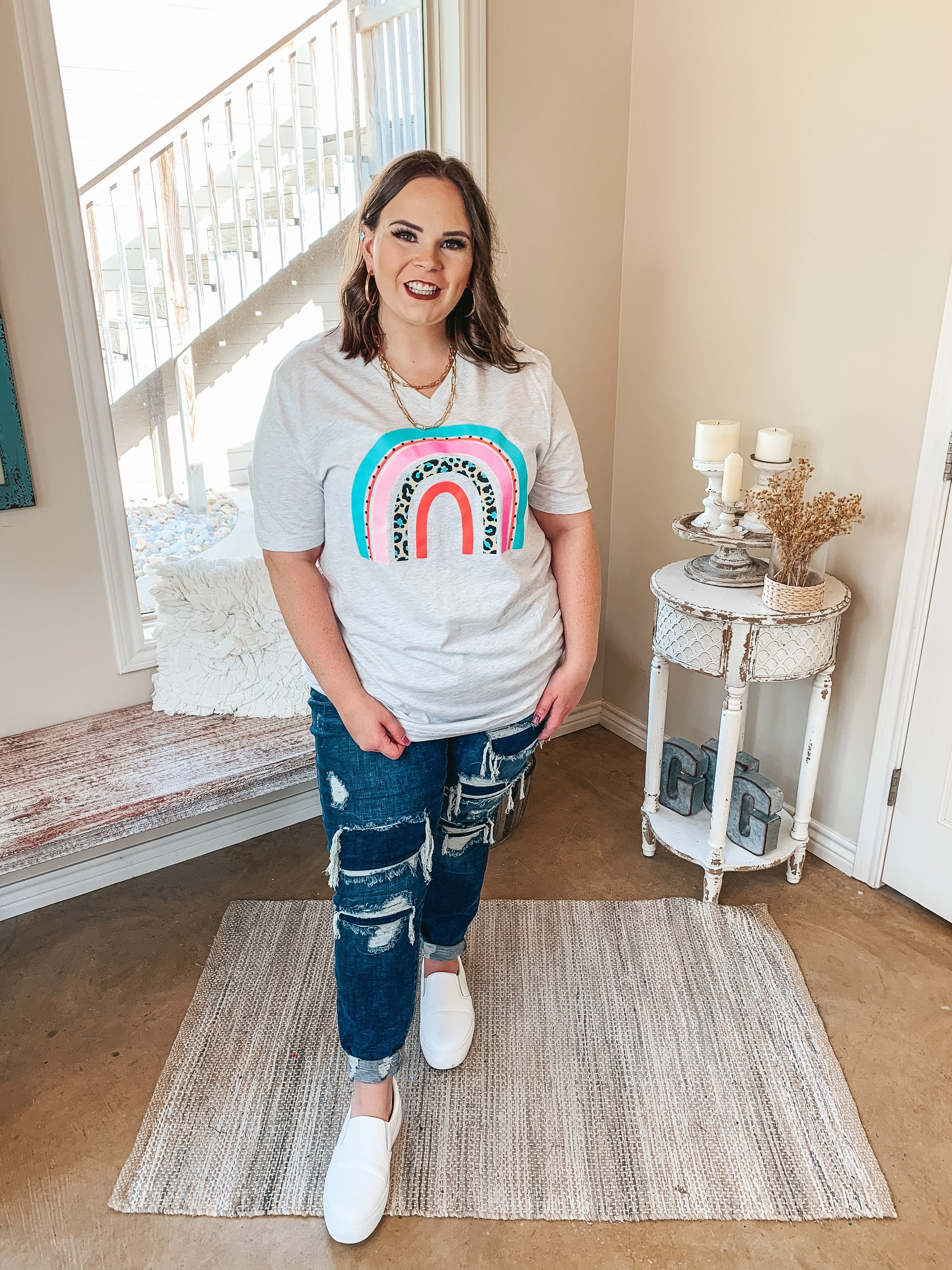 Last Chance Size Small & Large | Over The Rainbow Multi Color and Leopard Rainbow Graphic Tee in Heather Grey Travel Core