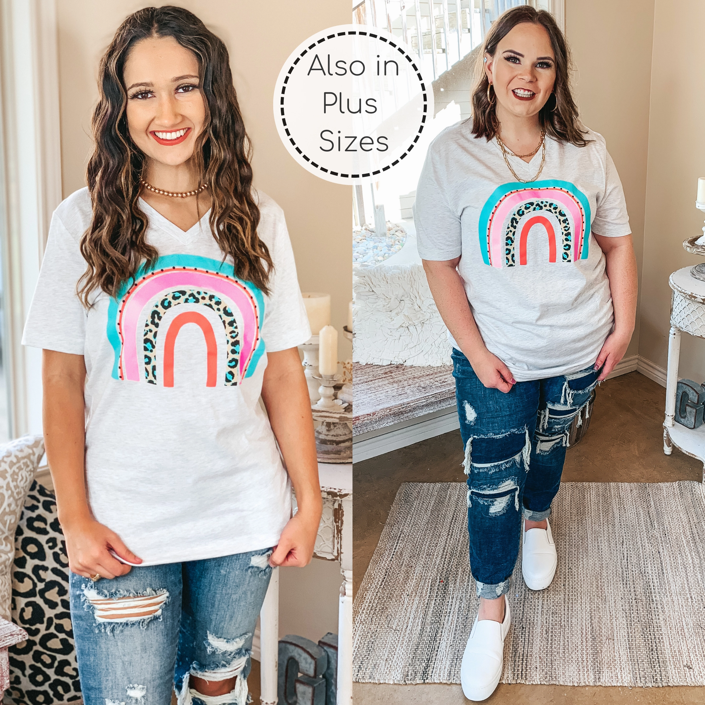 Last Chance Size Small & Large | Over The Rainbow Multi Color and Leopard Rainbow Graphic Tee in Heather Grey Casual Polo Classic Jeans