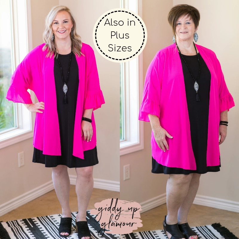 GridTexture Tell Me About It Sheer Kimono with Ruffle Sleeves in Fuchsia Pink