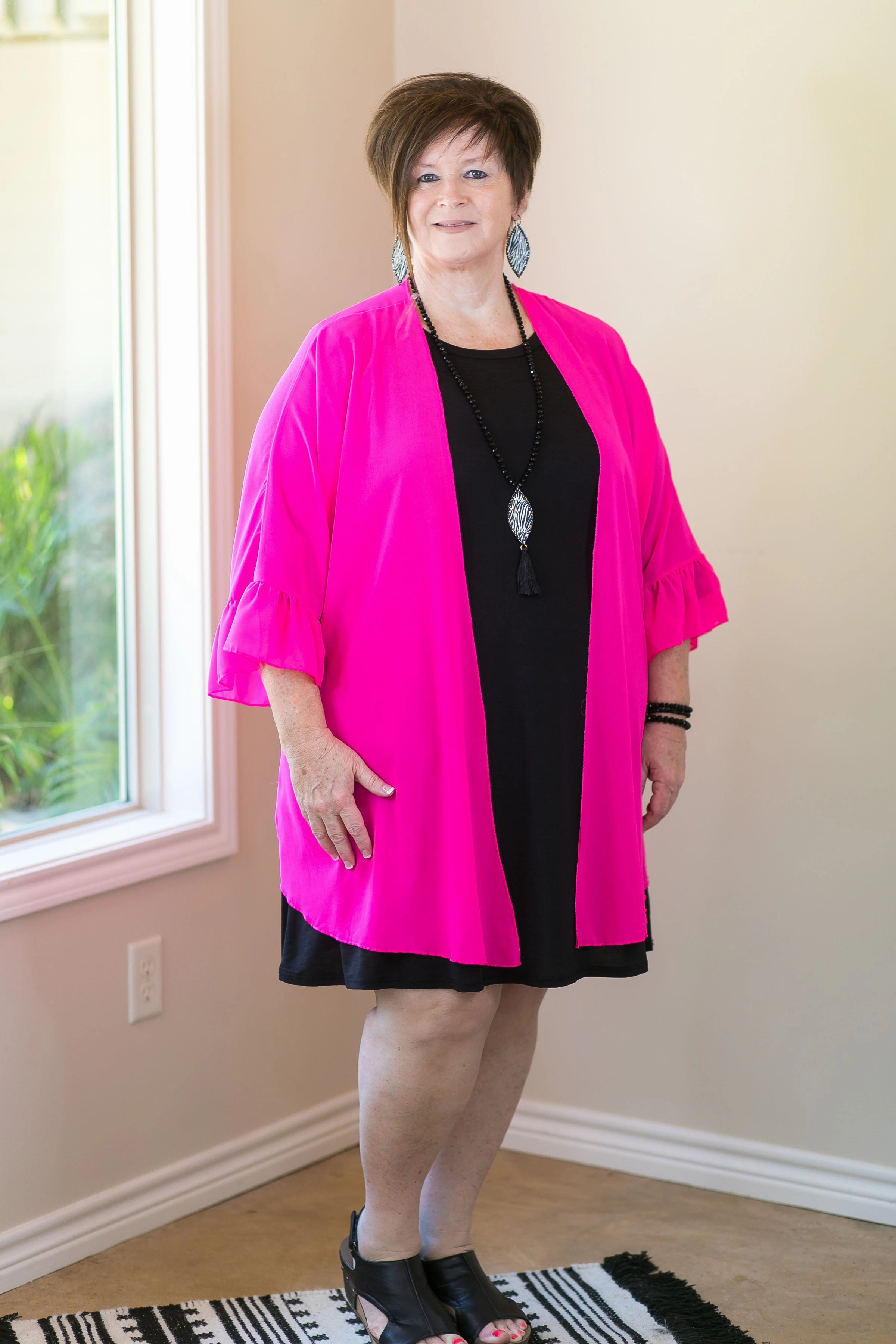 Flatlock stitching Tell Me About It Sheer Kimono with Ruffle Sleeves in Fuchsia Pink
