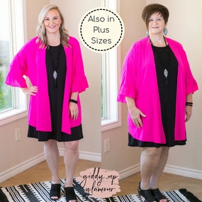 GridTexture Tell Me About It Sheer Kimono with Ruffle Sleeves in Fuchsia Pink