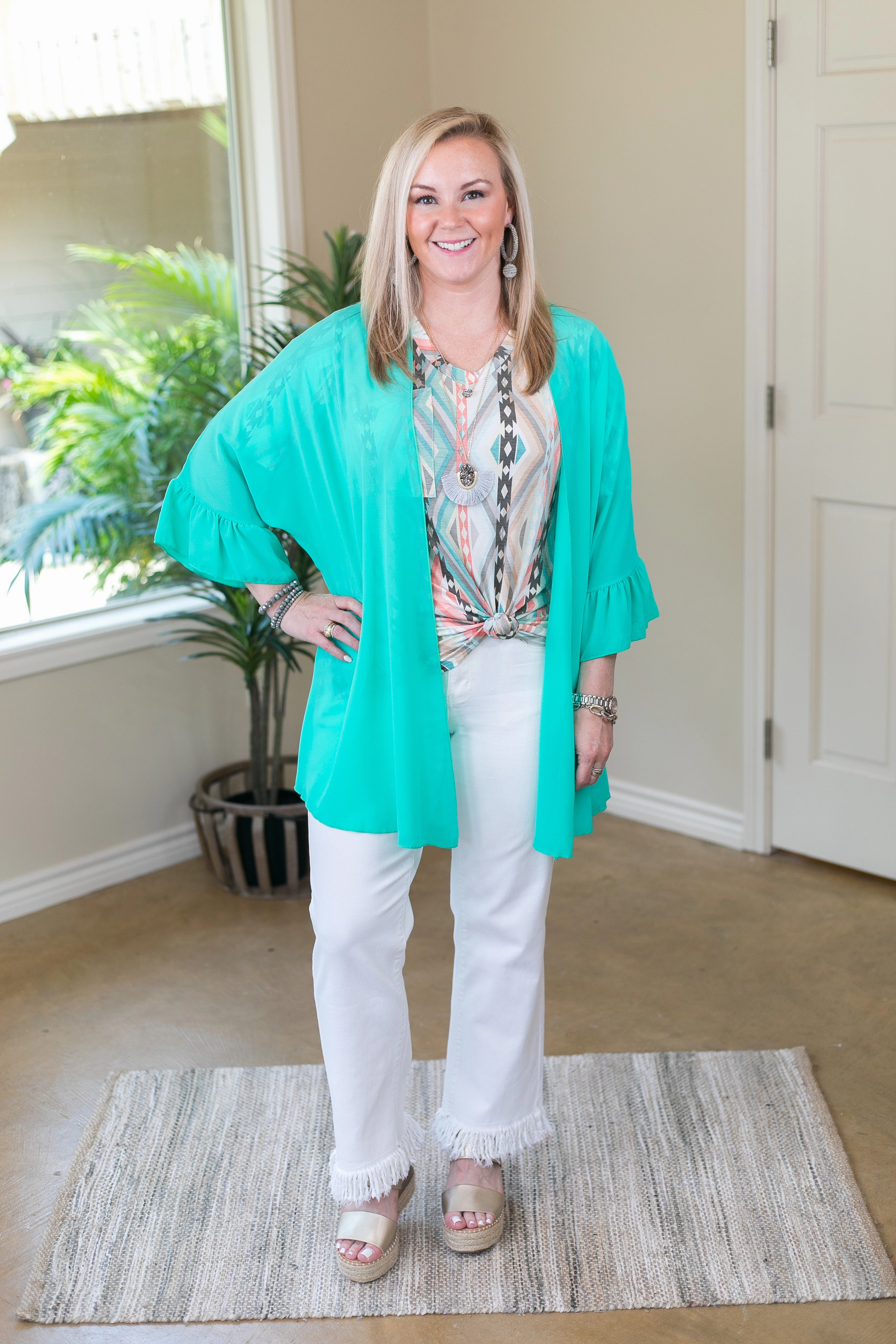 Tell Me About It Sheer Kimono with Ruffle Sleeves in Mint Comfortable Layer