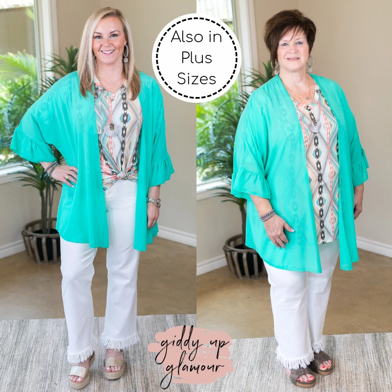 ReflectiveDetails Tell Me About It Sheer Kimono with Ruffle Sleeves in Mint