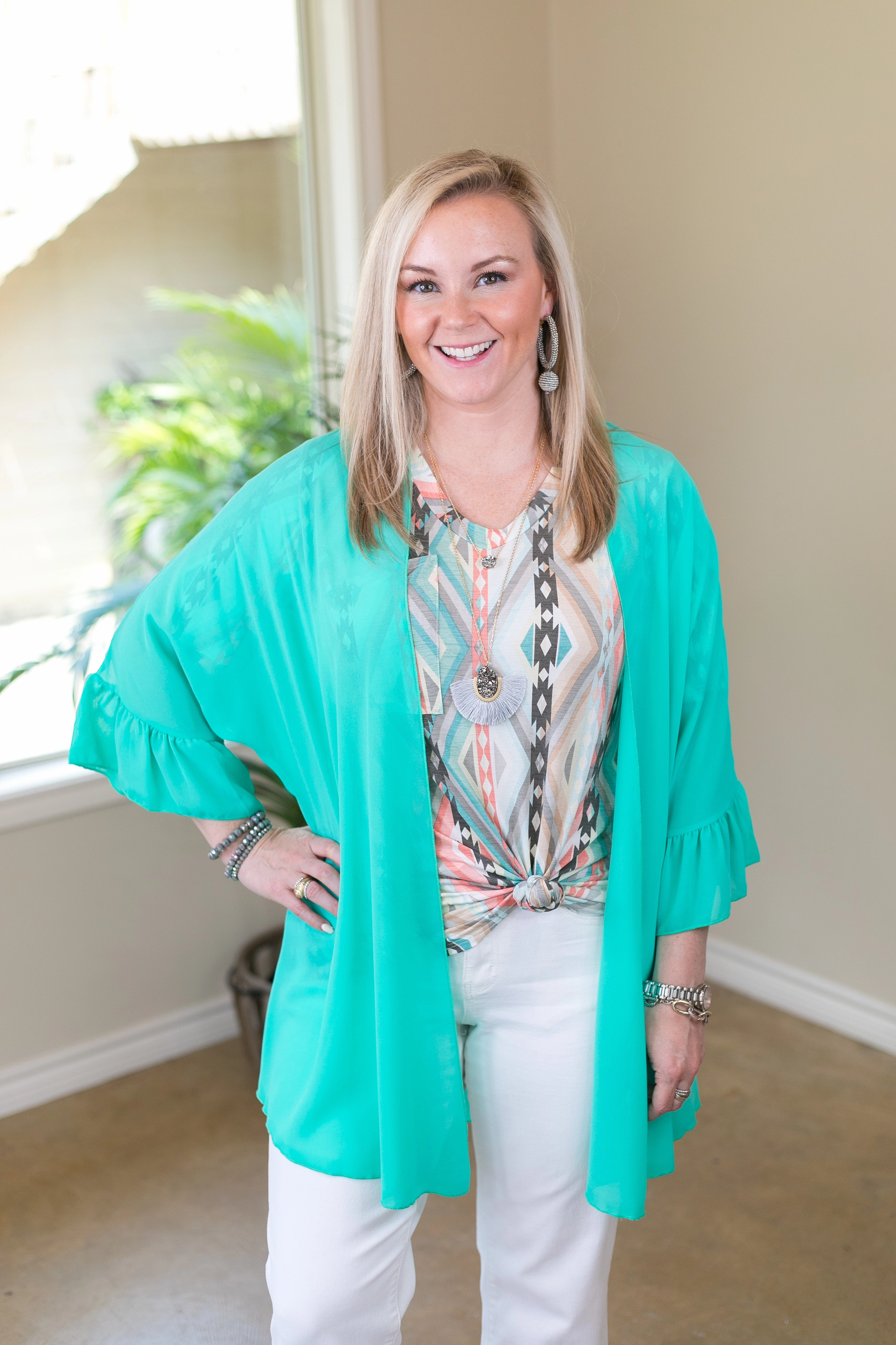 Screen Core QuickDrying Fiber Tell Me About It Sheer Kimono with Ruffle Sleeves in Mint