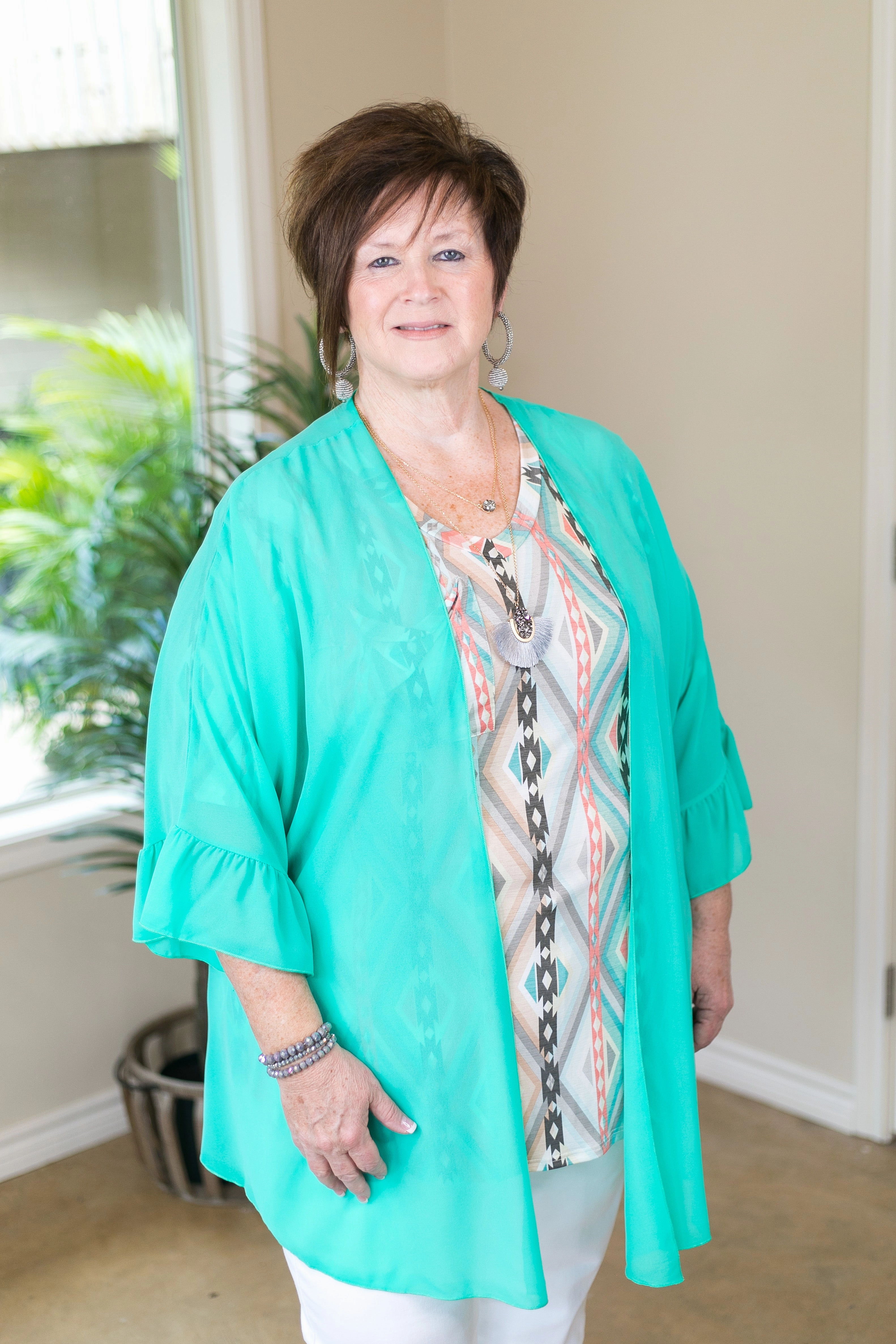 Sporty Dress SeamlessPockets Tell Me About It Sheer Kimono with Ruffle Sleeves in Mint