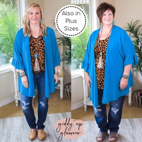 Stylish Jumper QuickPackable Design Tell Me About It Sheer Kimono with Ruffle Sleeves in Teal Blue