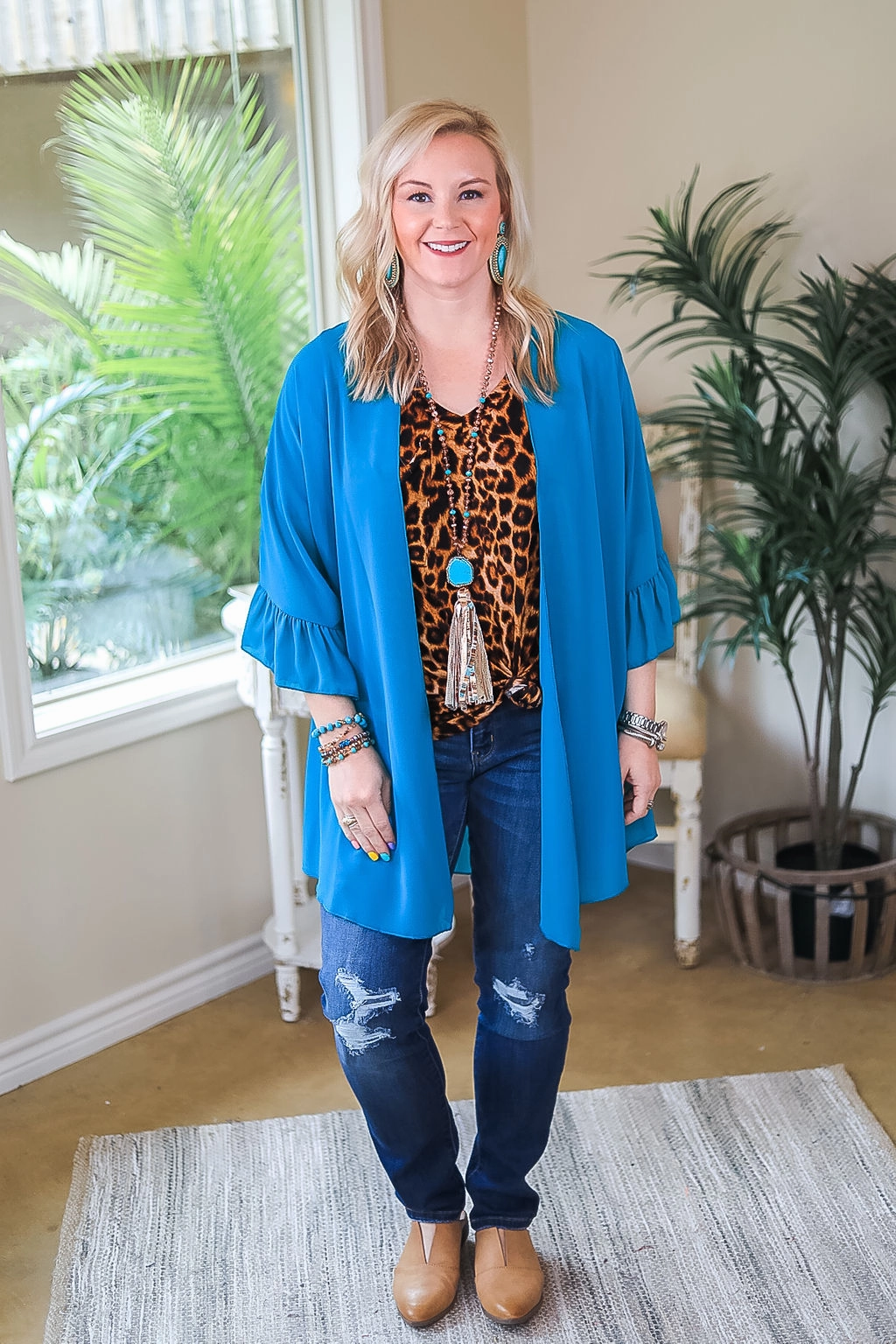 Tell Me About It Sheer Kimono with Ruffle Sleeves in Teal Blue LayeredConstruction Active clothing