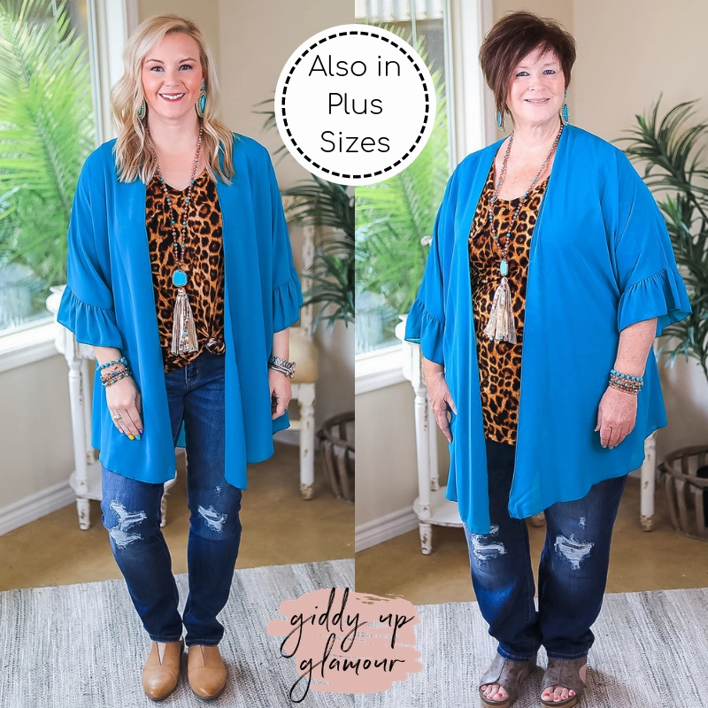 Stylish Jumper QuickPackable Design Tell Me About It Sheer Kimono with Ruffle Sleeves in Teal Blue
