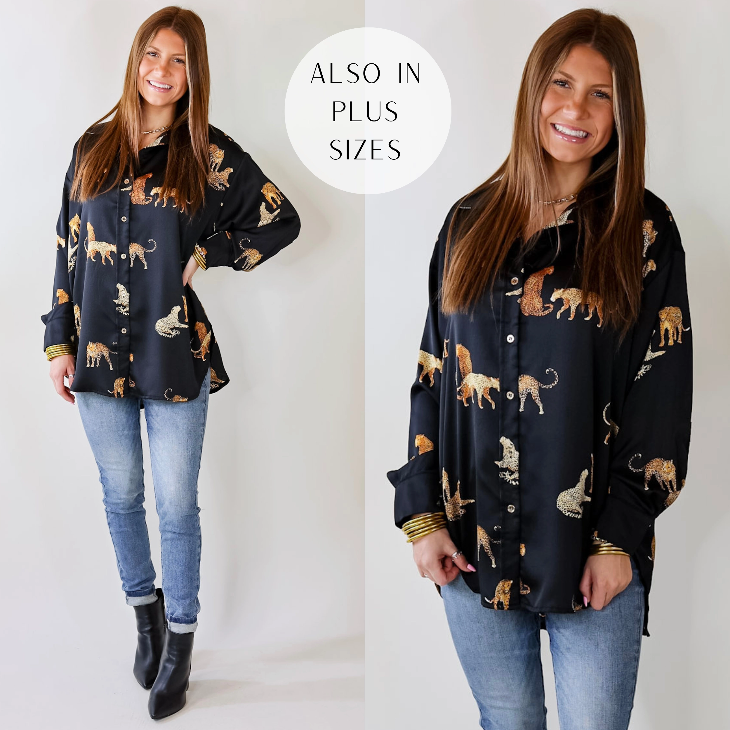 Tell Me Something Good Cheetah Print Long Sleeve Button Up Top in Black Island Vibe Mind Ease