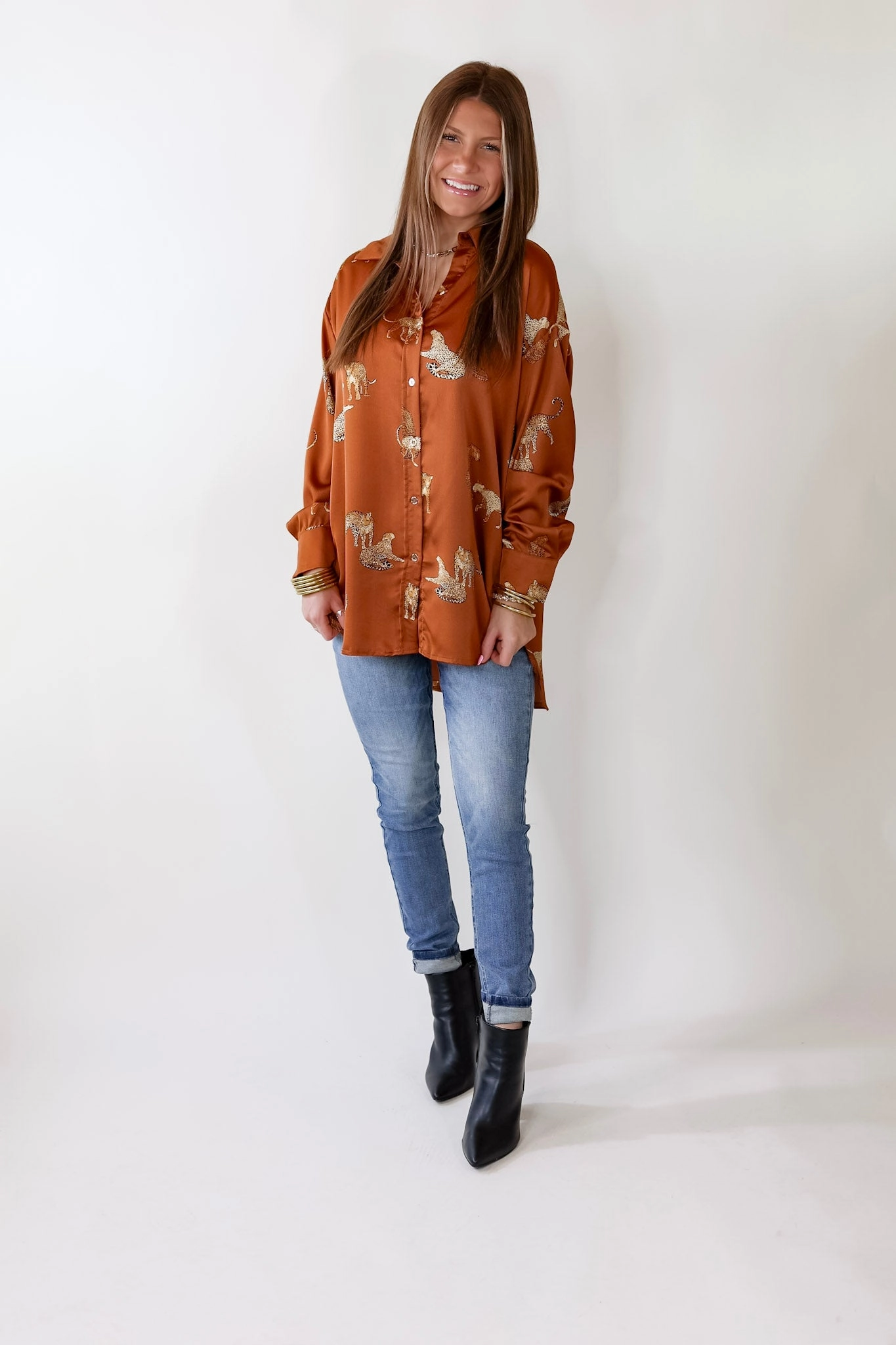 Flow Core Tell Me Something Good Cheetah Print Long Sleeve Button Up Top in Camel Brown