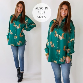 Tell Me Something Good Cheetah Print Long Sleeve Button Up Top in Hunter Green Dream Feel