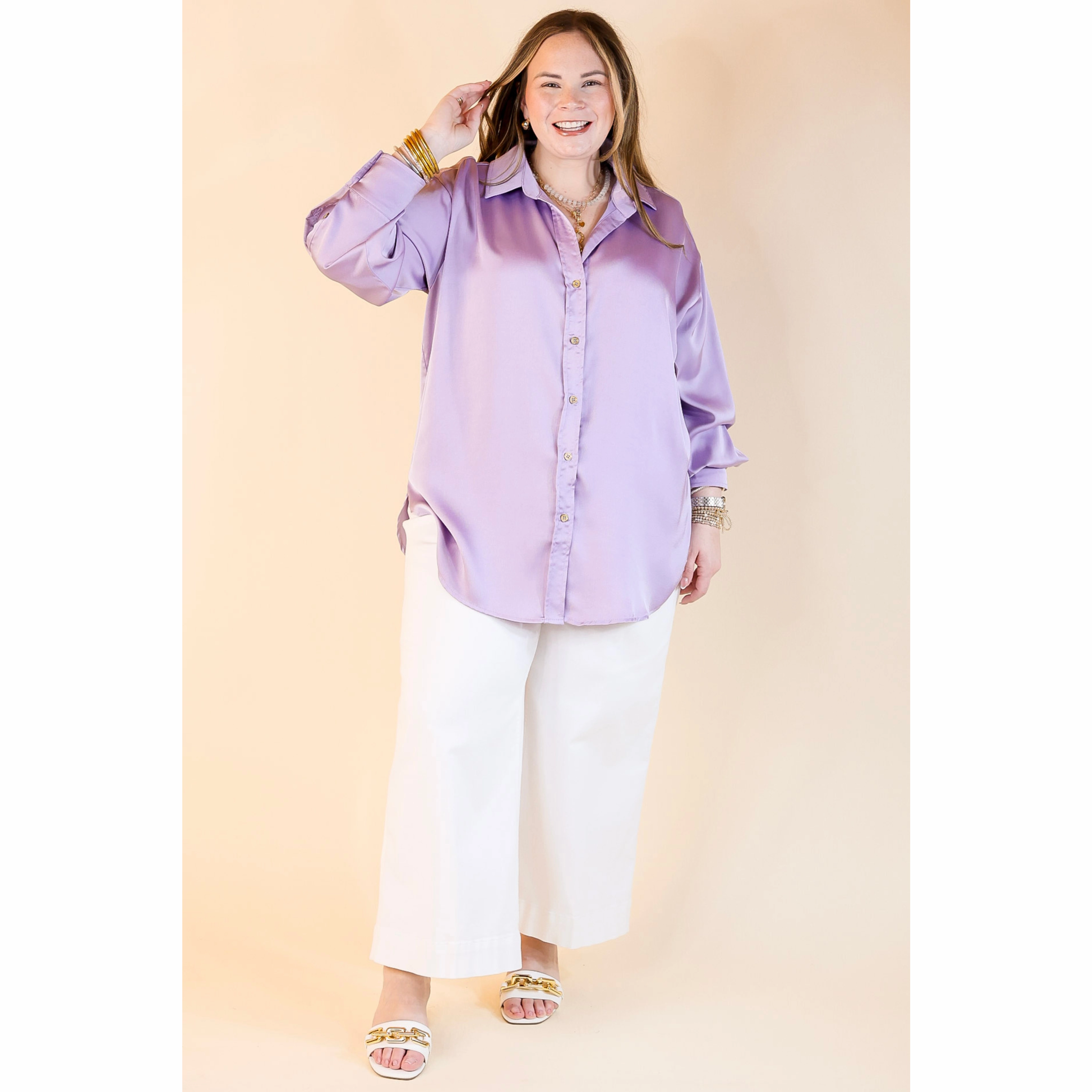 Tell Me Something Good Long Sleeve Button Up Top in Lavender Purple Flexible Knit Fashionable Pick