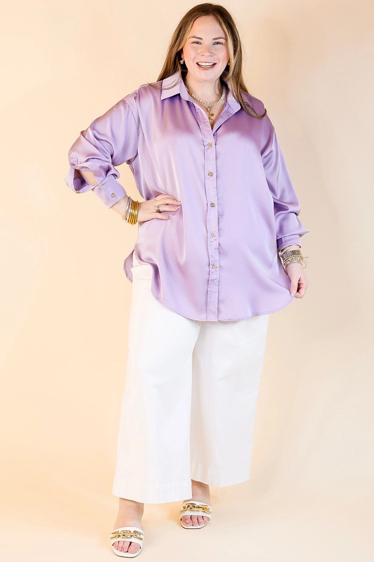 Light Option Durable Quality Tell Me Something Good Long Sleeve Button Up Top in Lavender Purple