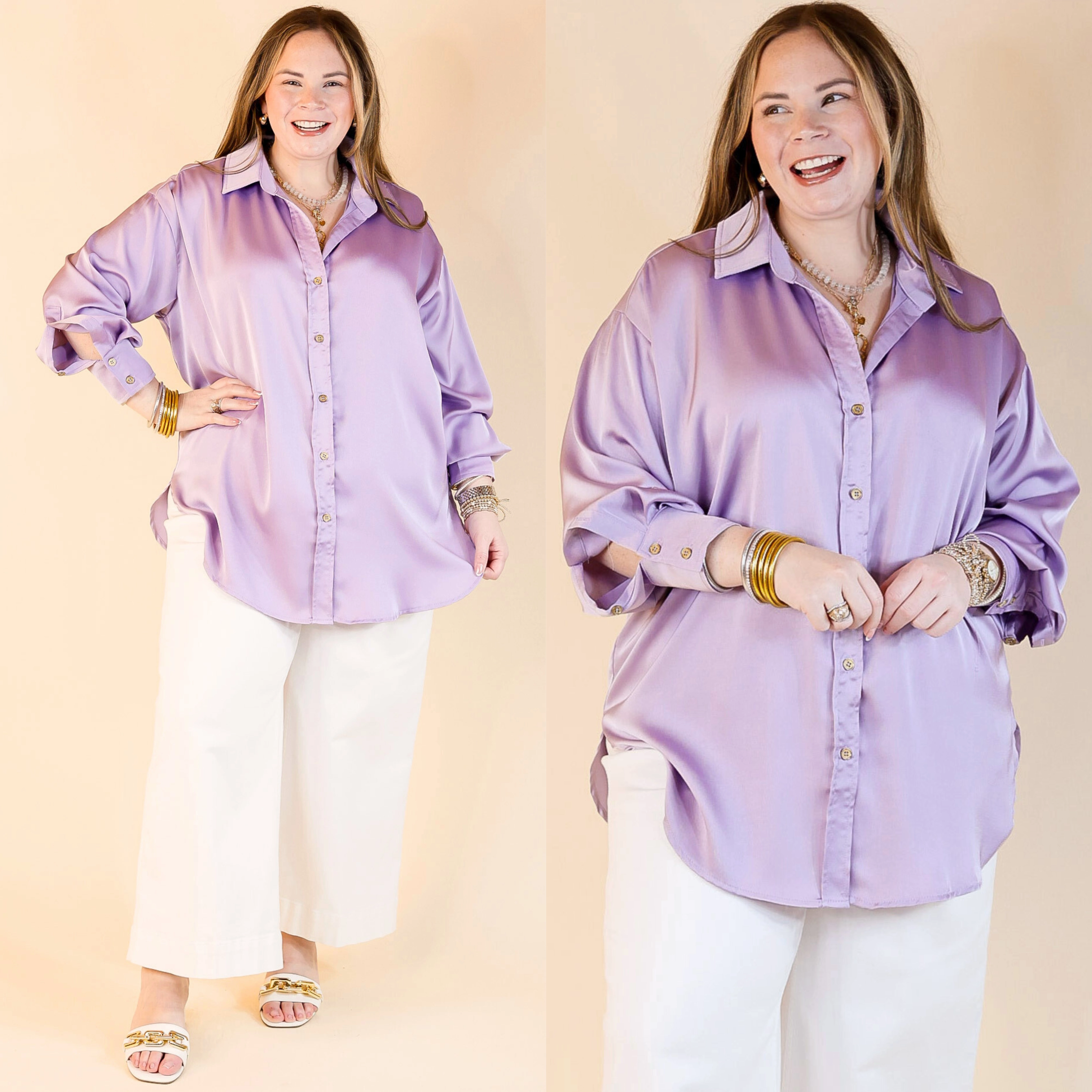 Winter Fashion Cooling Core Technology Tell Me Something Good Long Sleeve Button Up Top in Lavender Purple
